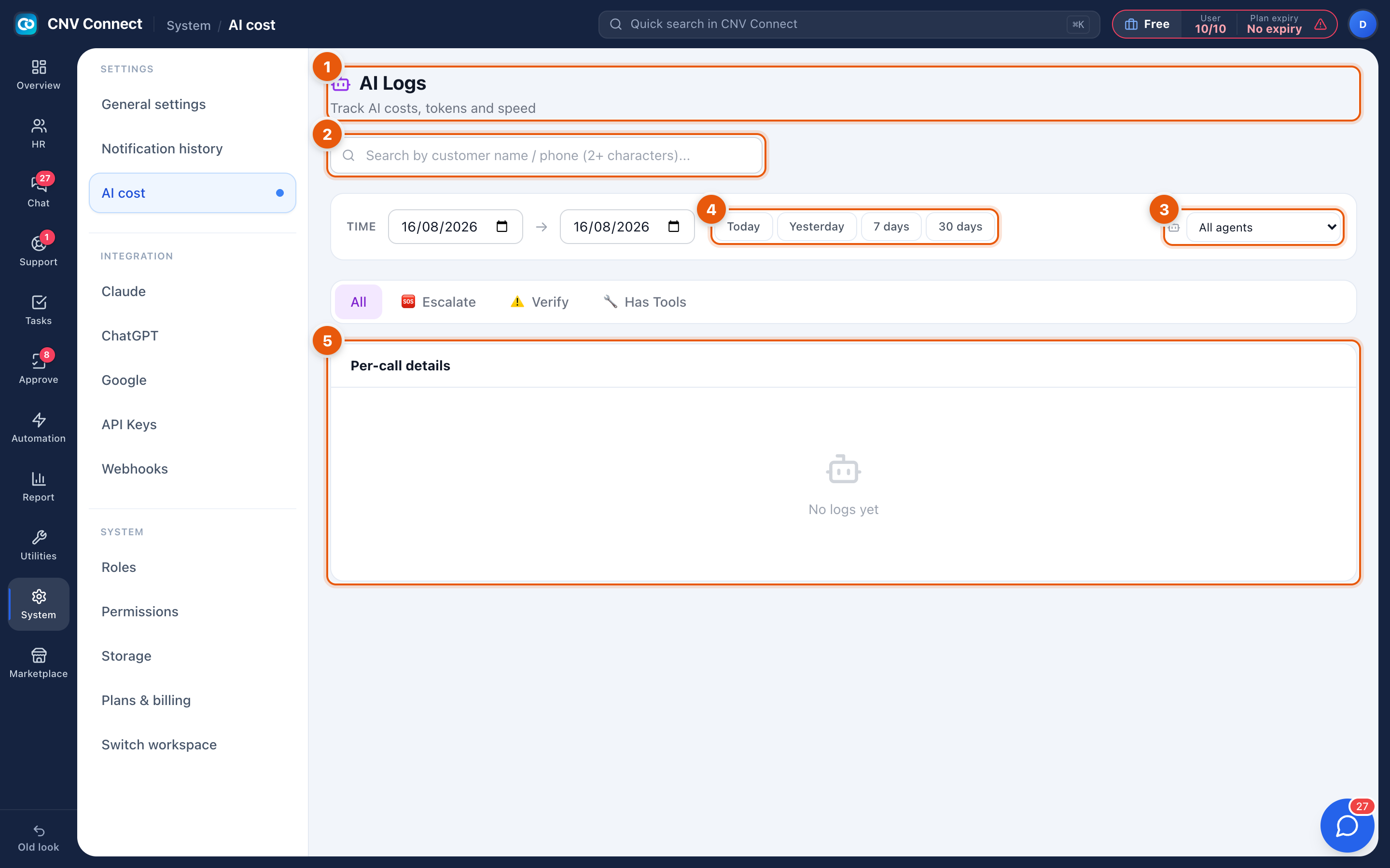 The AI logs page with the period buttons, agent filter, flag filters and the per-call table