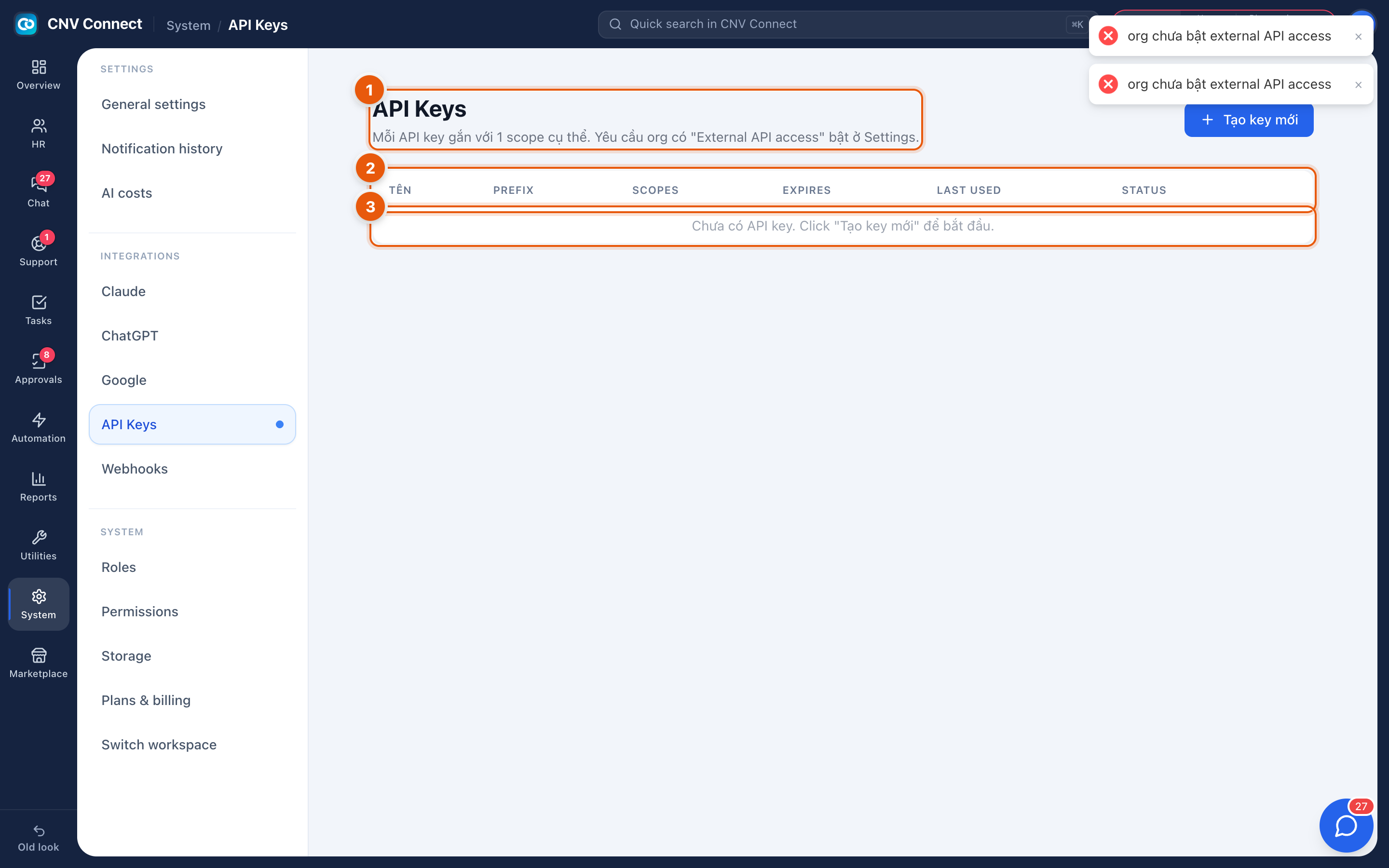 The API keys page with the create button and the empty table