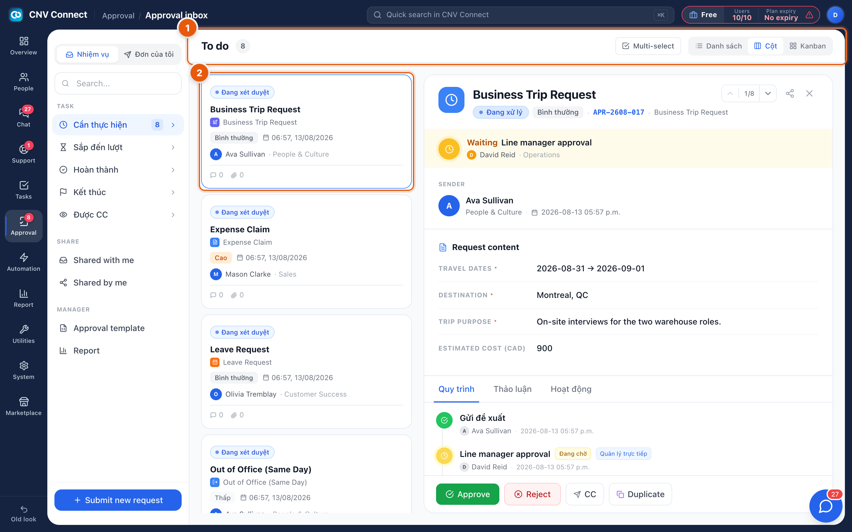 An approval request open beside the inbox, showing the request content and the decision buttons