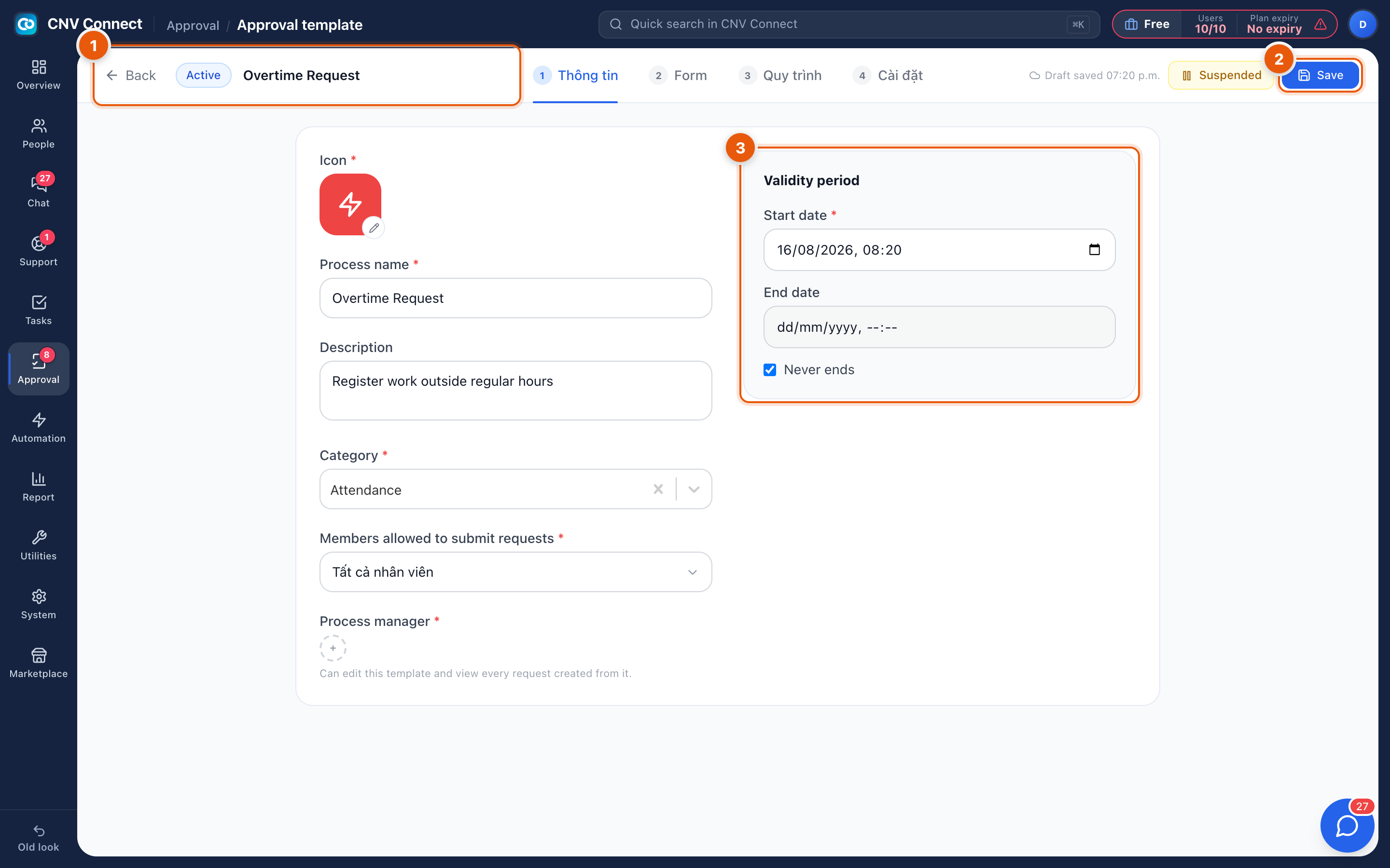The approval template builder on step one, with the header, step tabs, save button and validity period marked