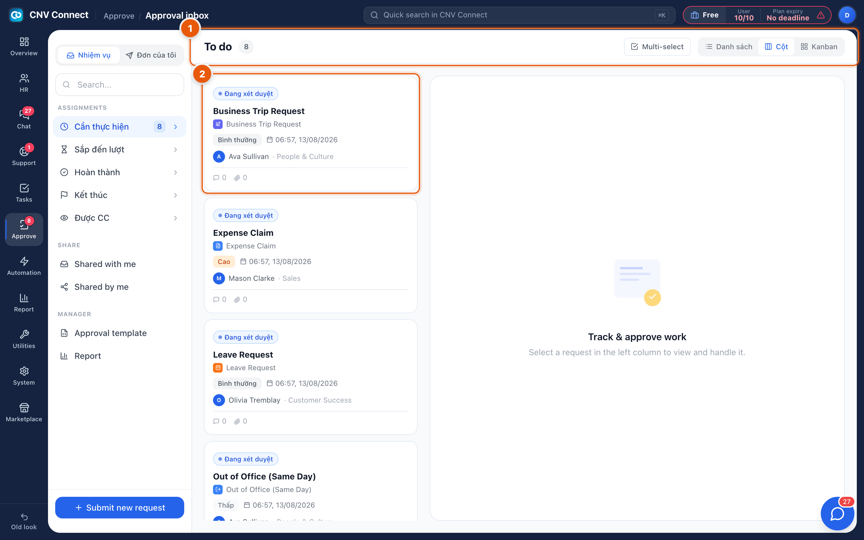 The approval inbox with the To do header, view switcher and a request card selected