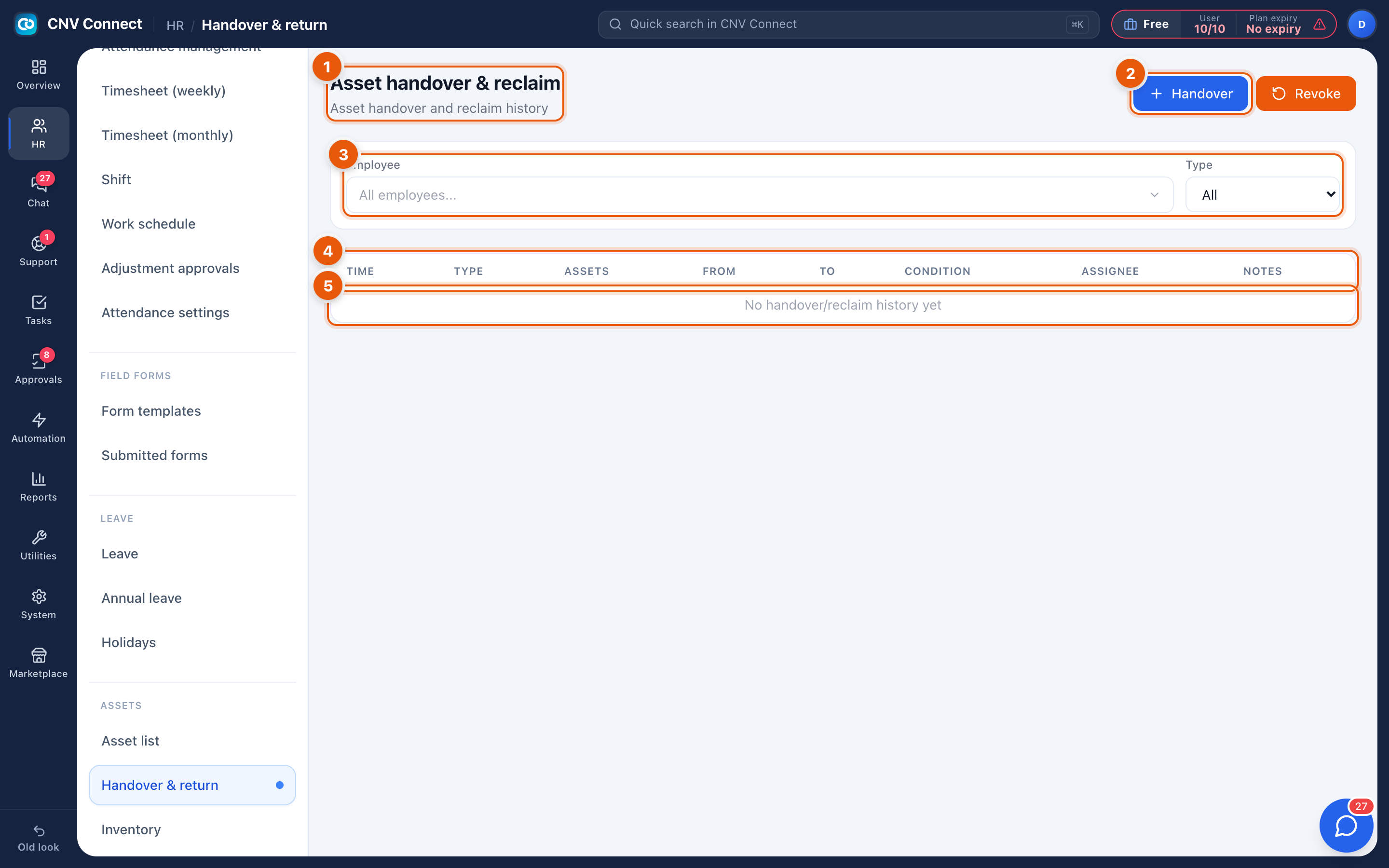 The asset handover and reclaim page with the handover and revoke buttons, employee filter and the movement table