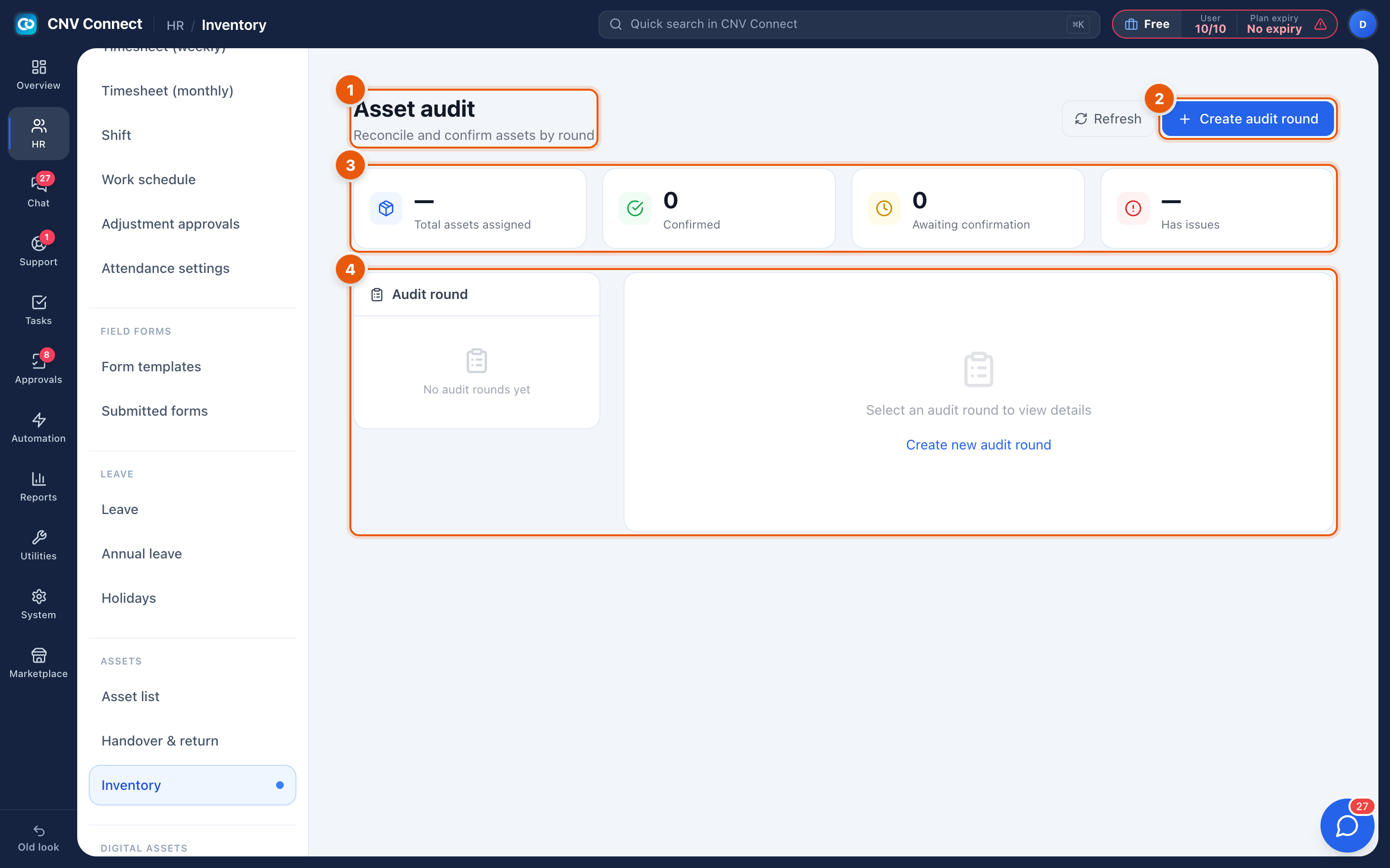 The asset audit page with the create-round button and the empty state