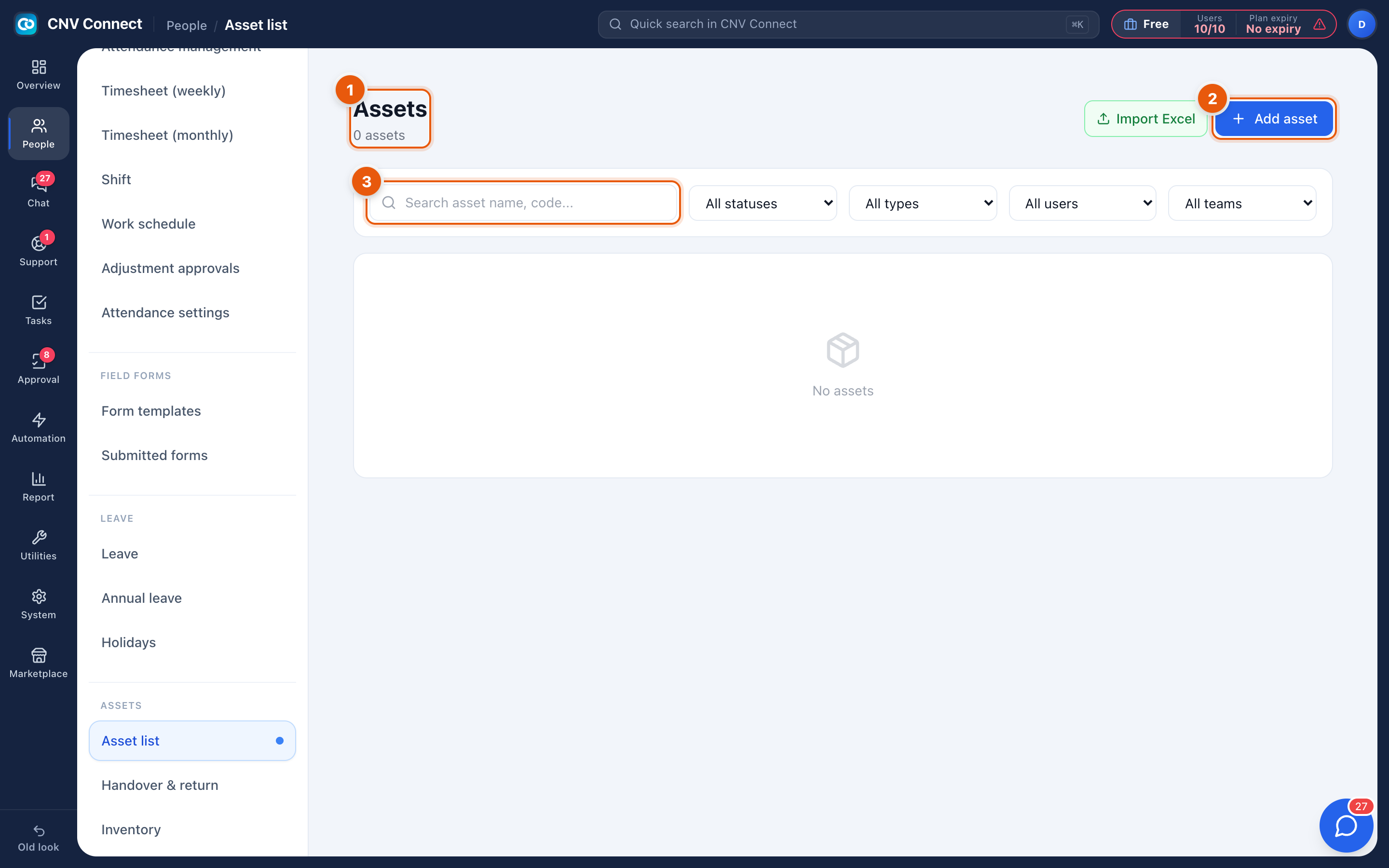 The asset list with title, add and import buttons, search, filters and the asset table