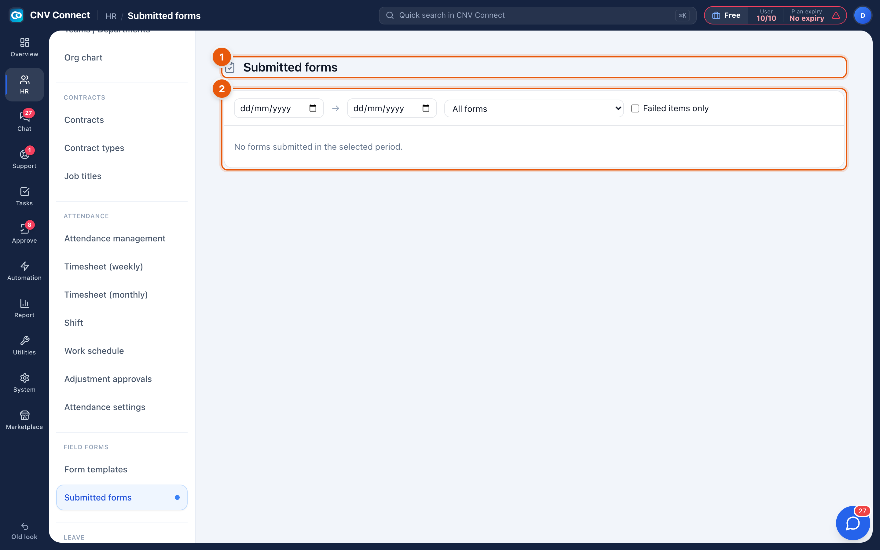 The submitted forms page with the form picker, the date range and the results area