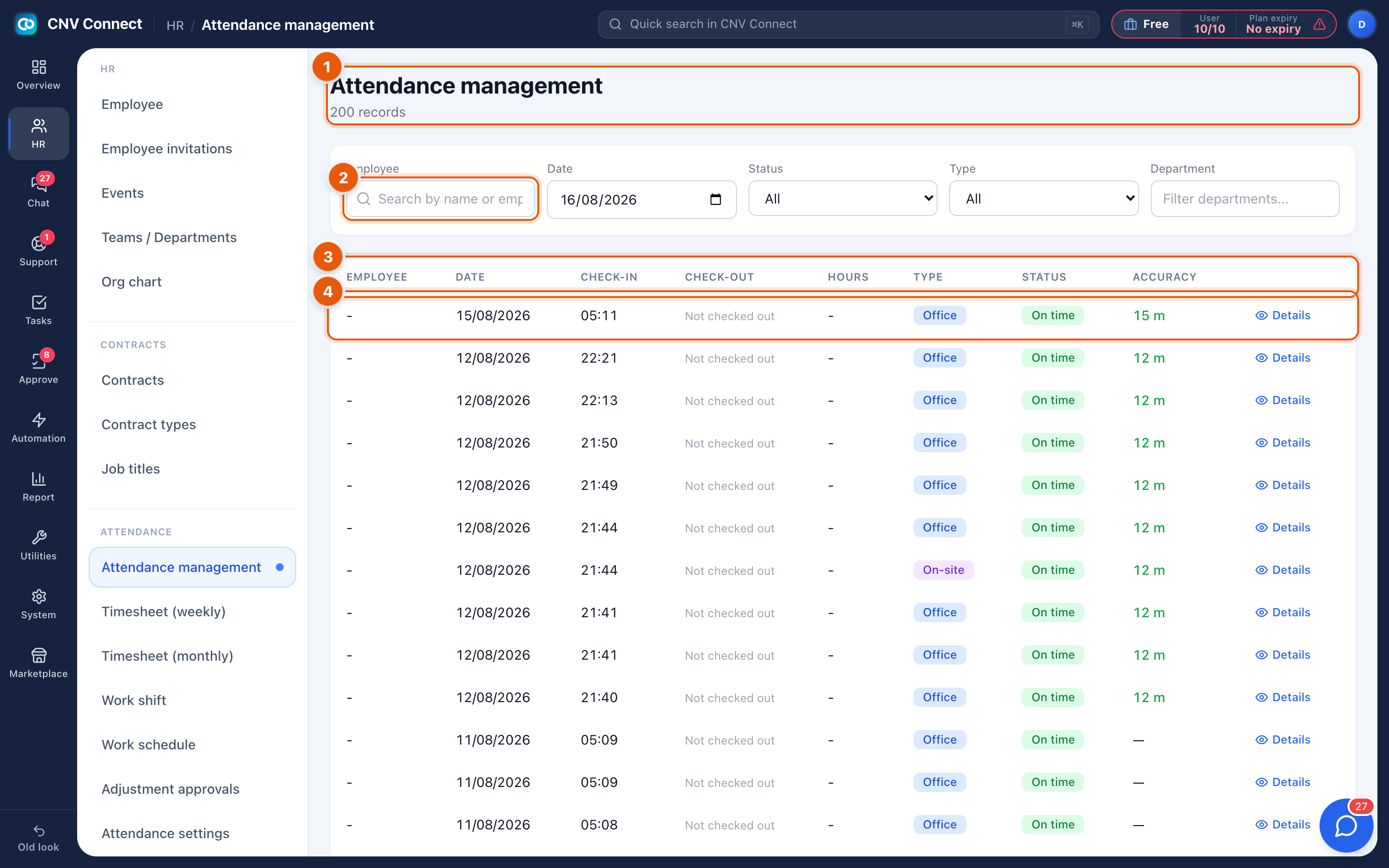 The attendance management page with search, date, department filter, status and type filters, table columns and a record row marked