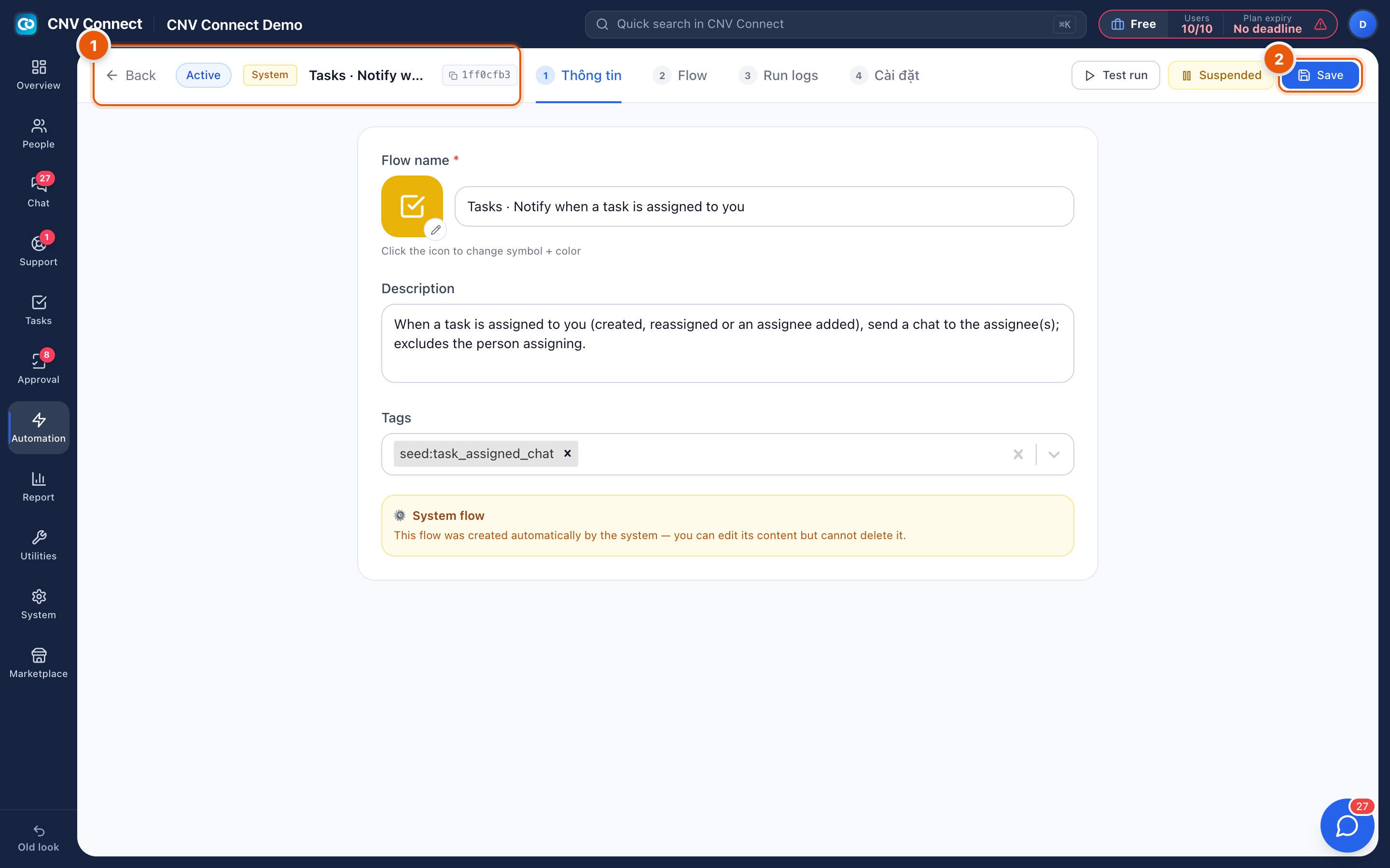 The automation flow builder showing the header, steps and the flow's identity fields
