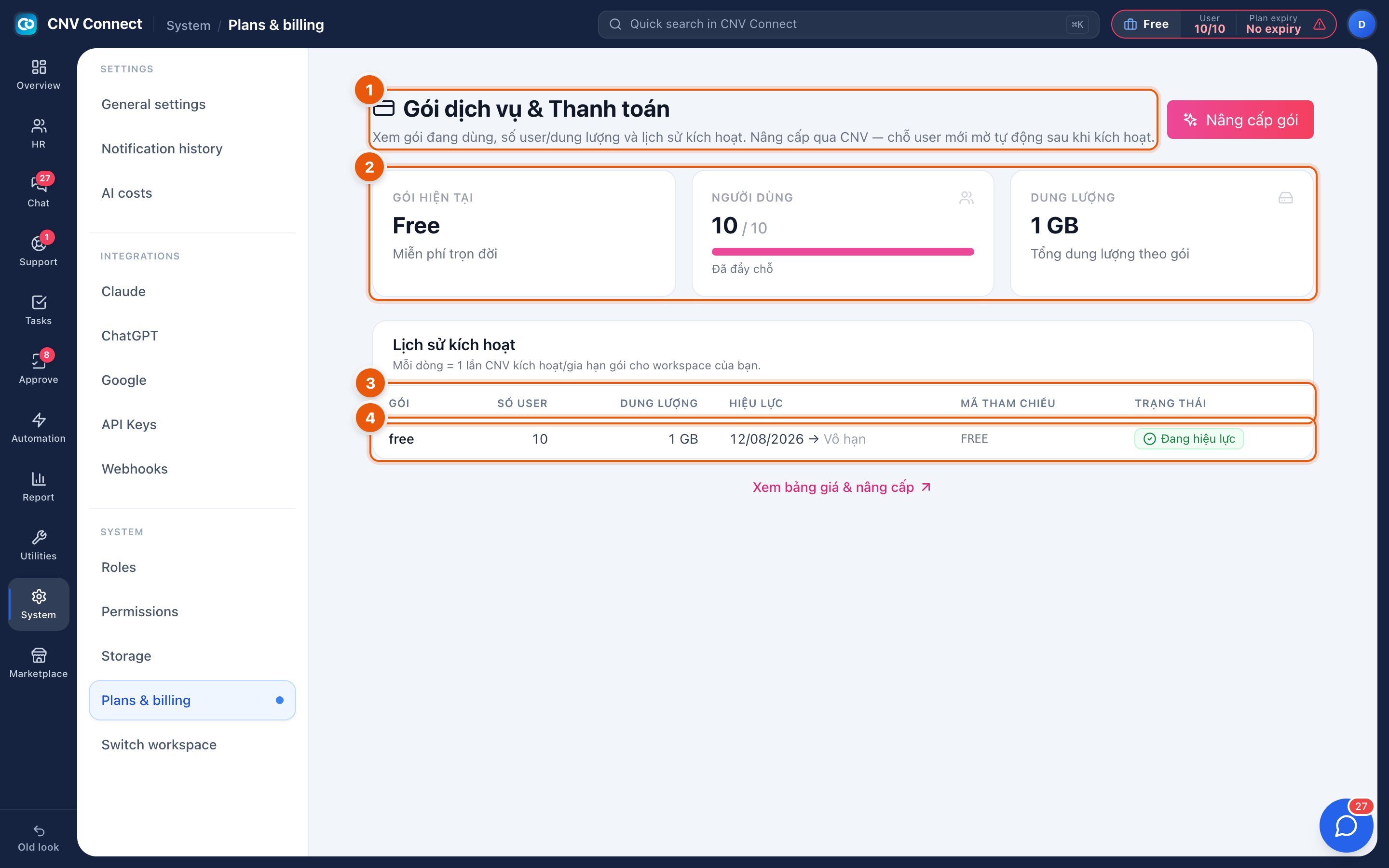 The plans and billing page with the current-plan tiles, upgrade buttons and the activation history