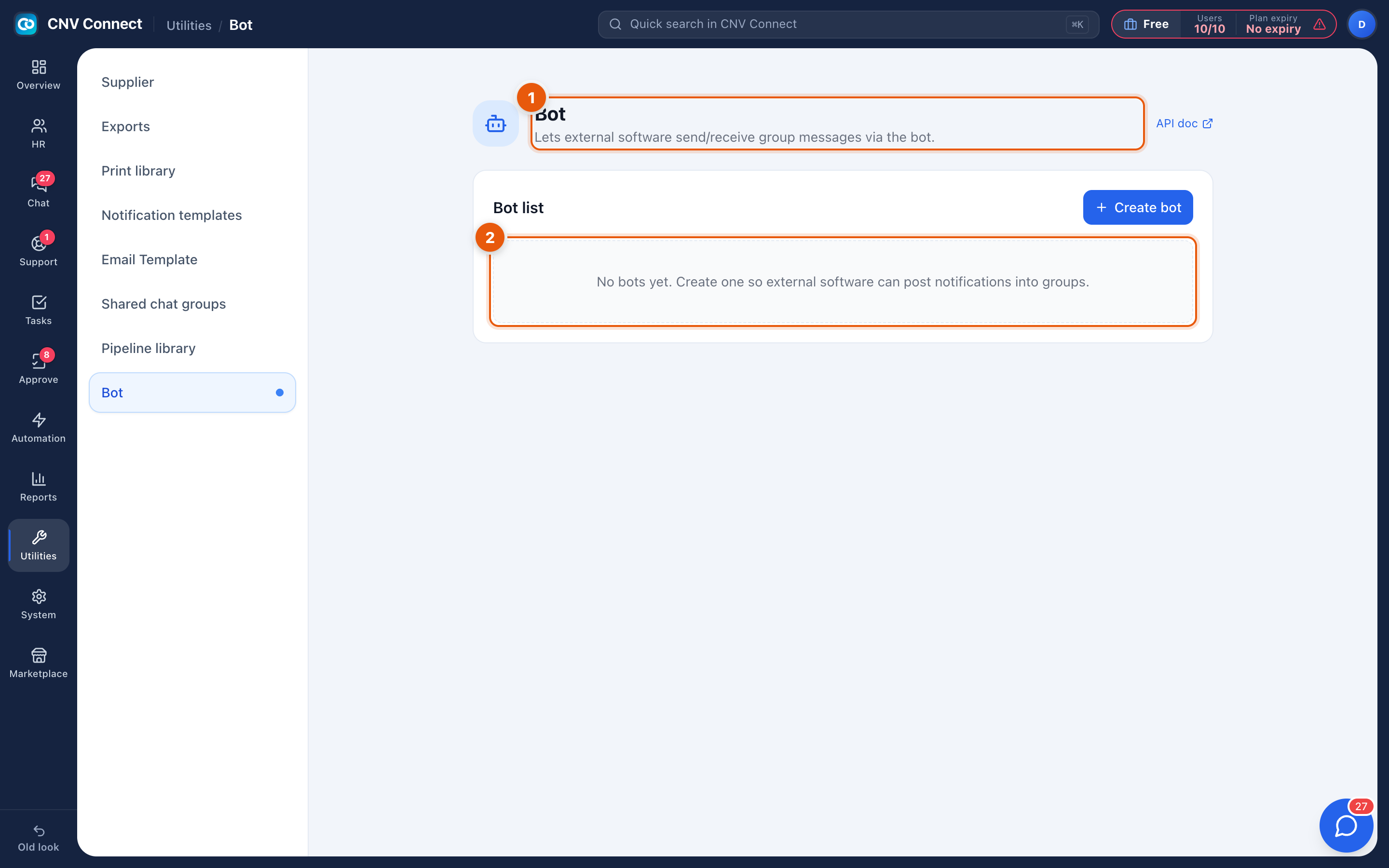 The bot list with the create button and the empty state