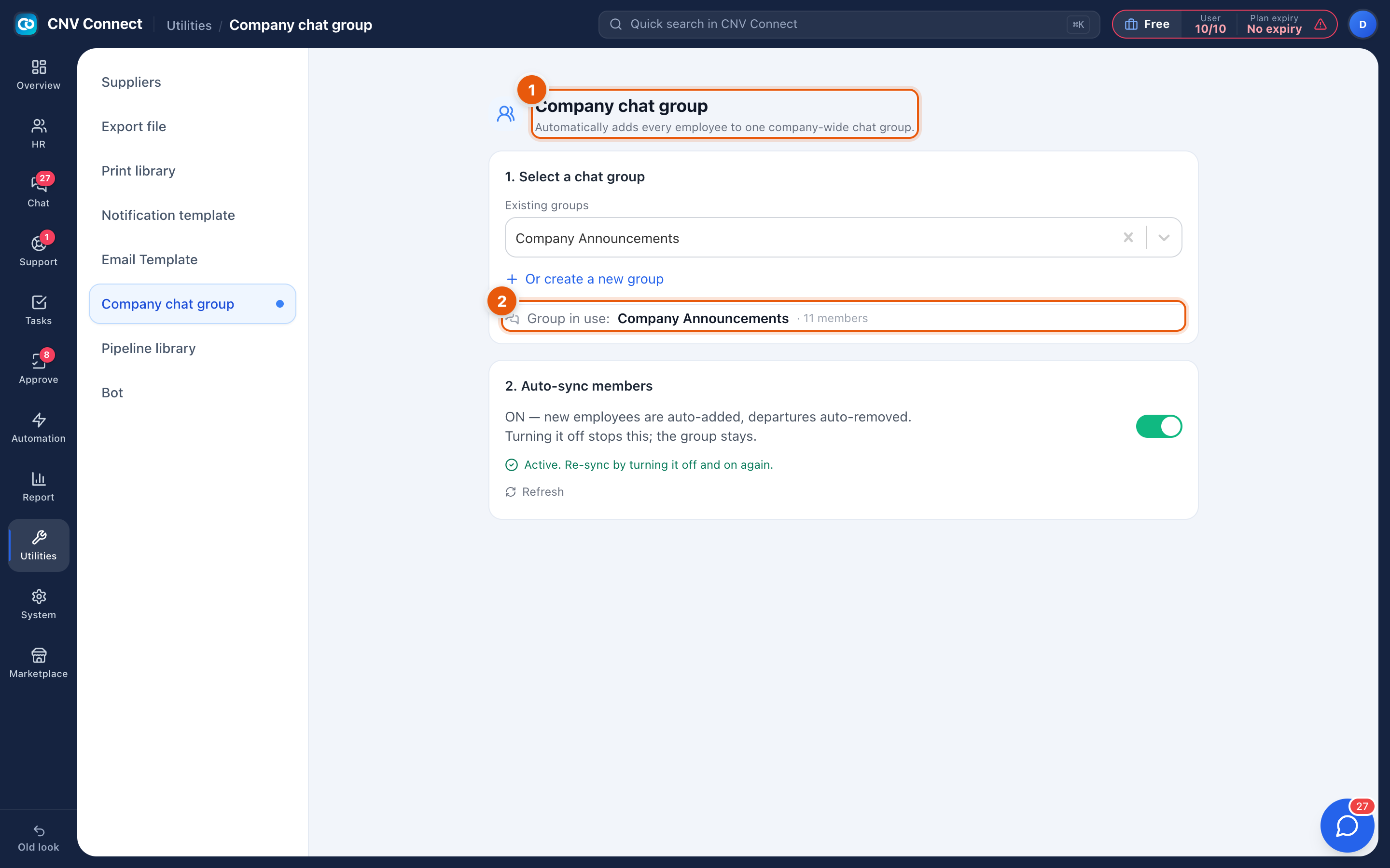 The company chat group page with the group picker and the auto-sync panel