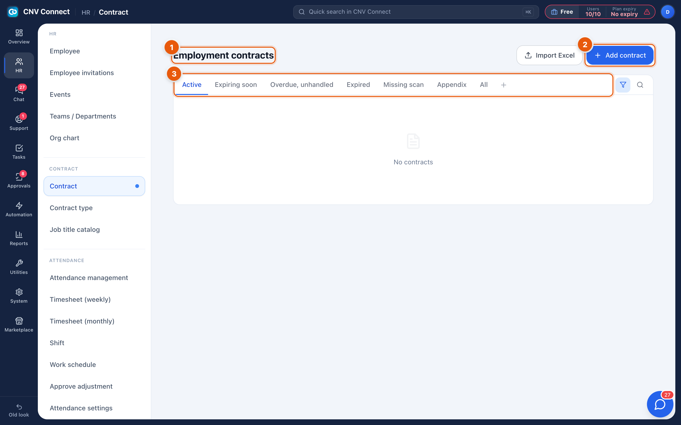 The employment contracts page showing the status tabs and the contract list
