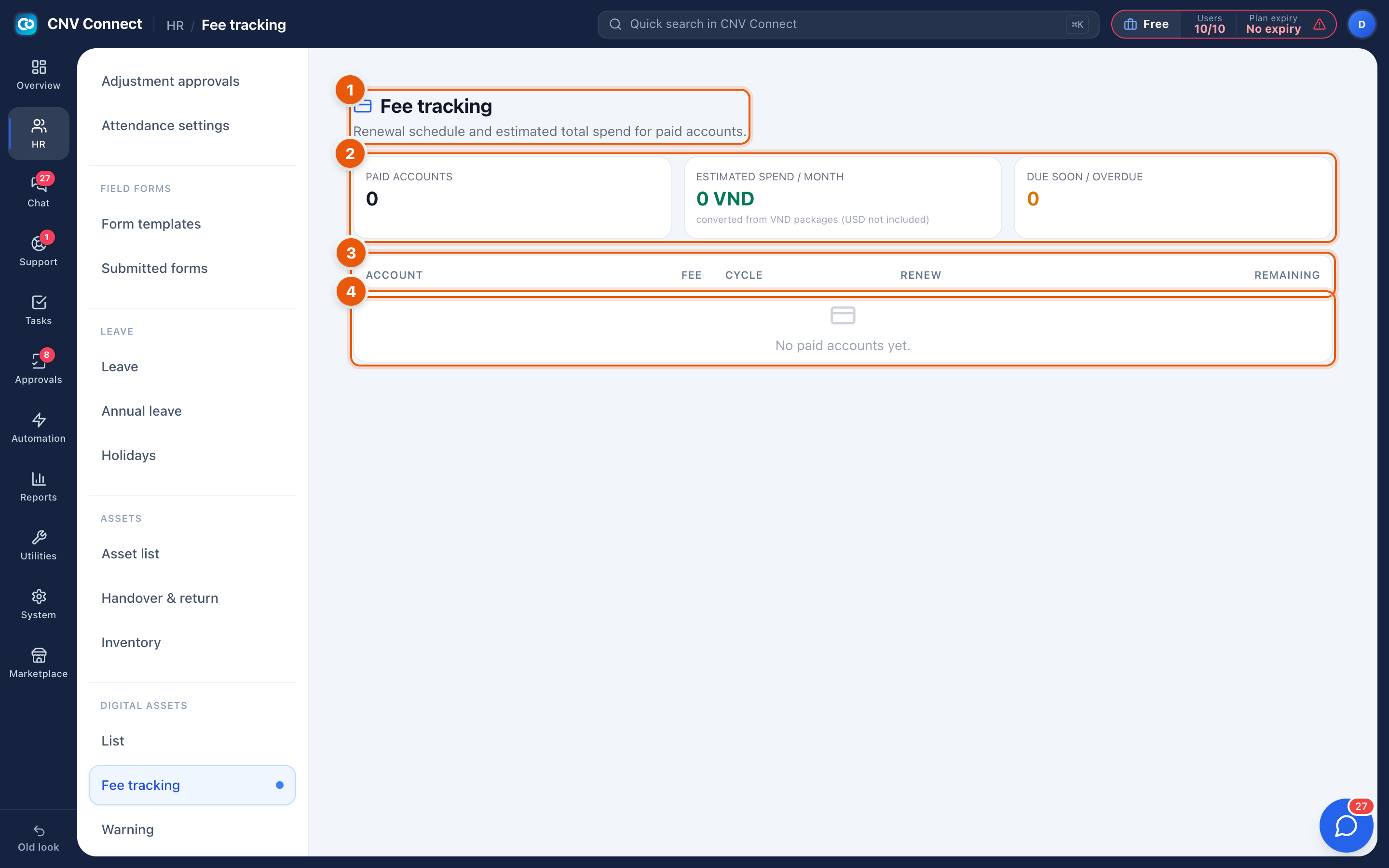 The fee tracking page with the summary tiles and the cost table