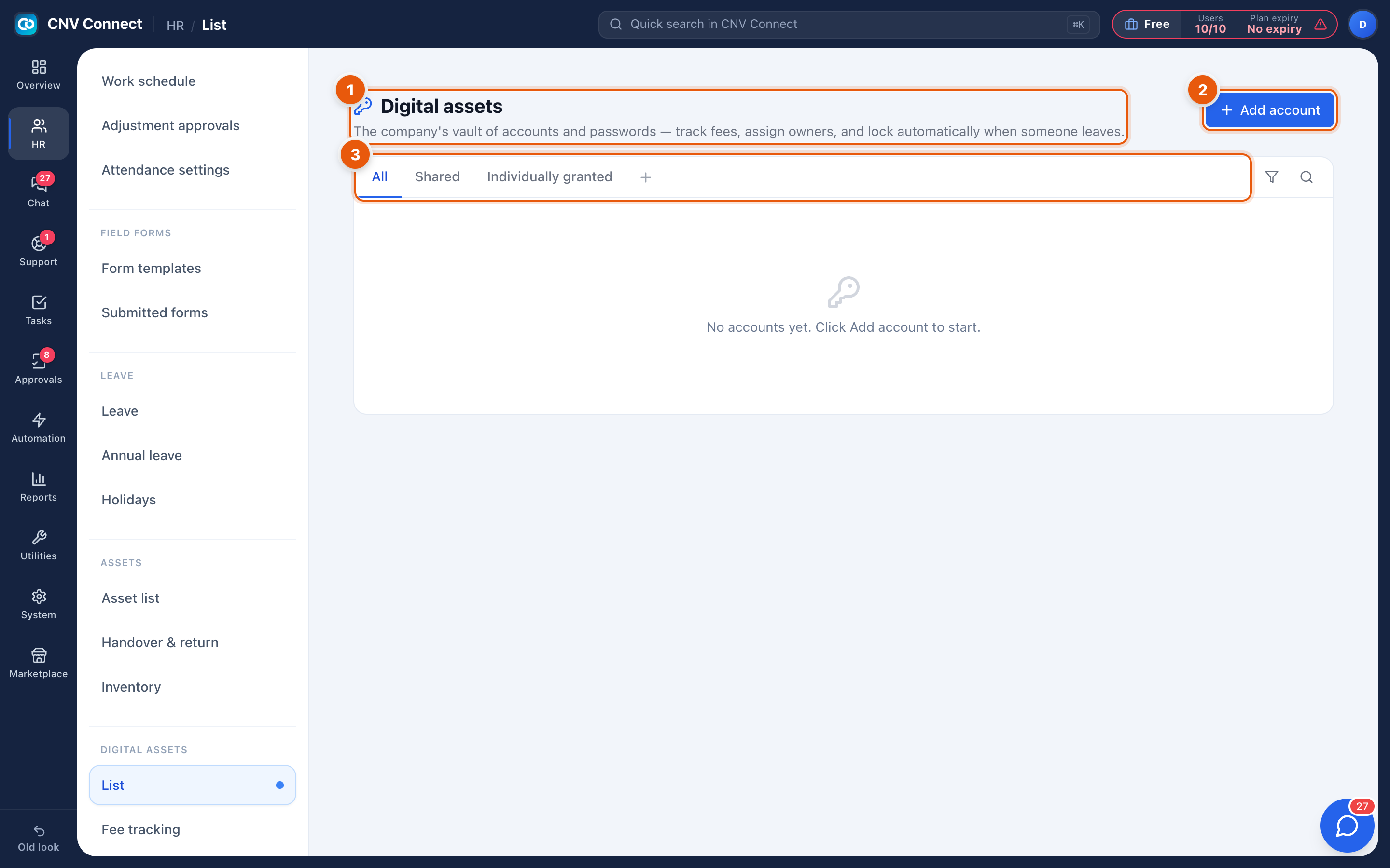 The digital assets page with the title, add account button and the account list with its tabs