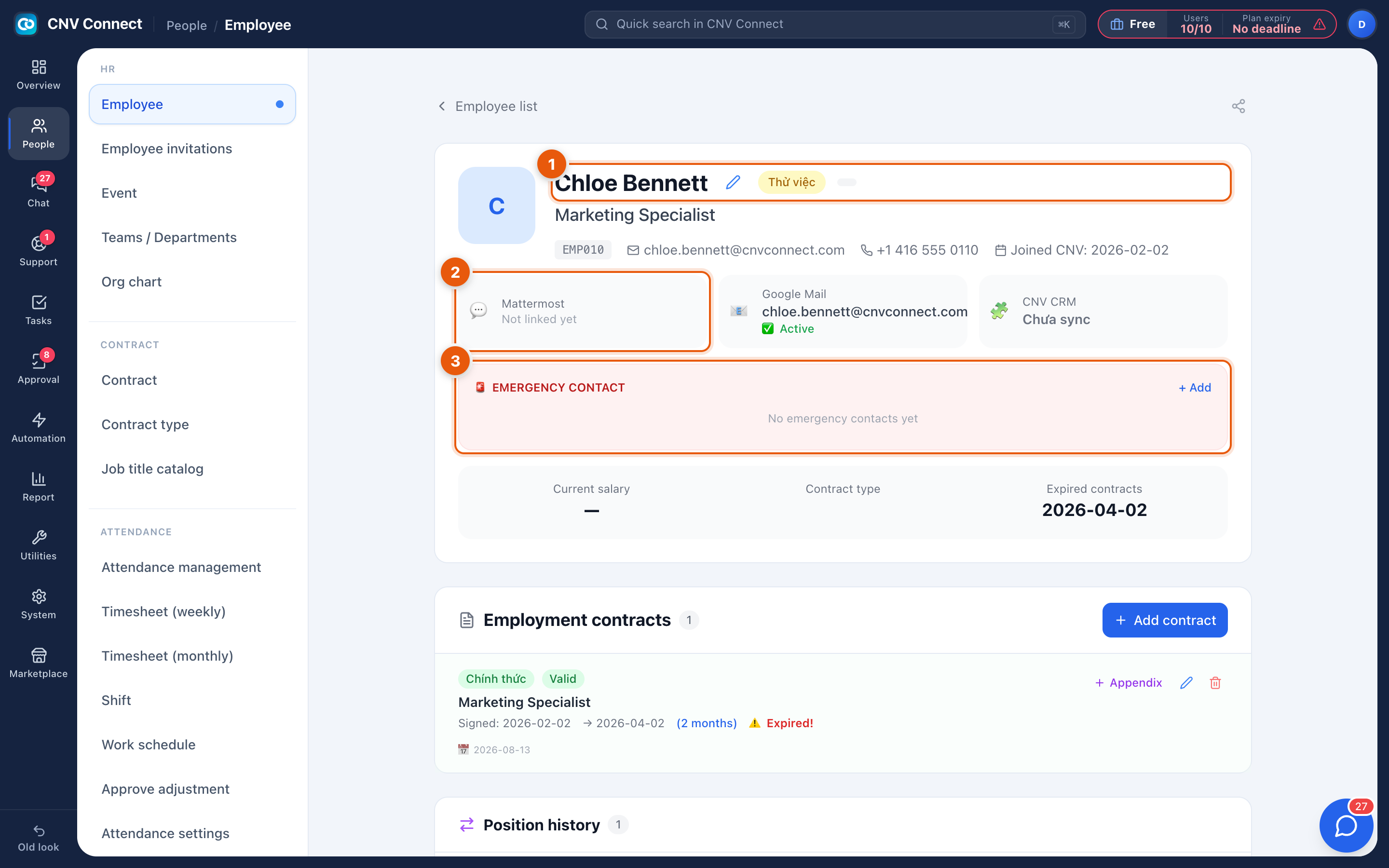 An employee record with the name, edit button, linked accounts and emergency contact marked