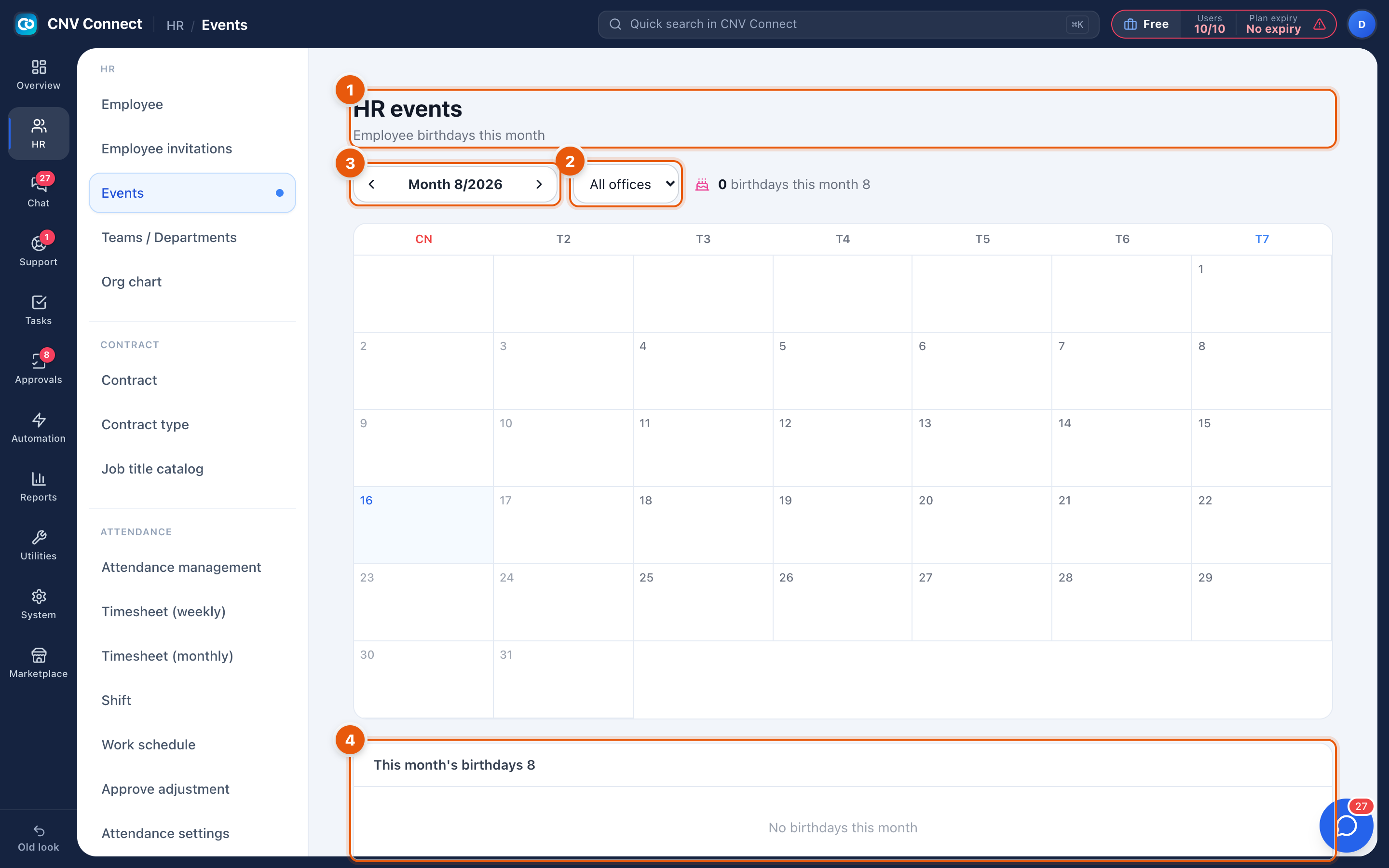 The HR events page with its month calendar, office filter and the birthday panel