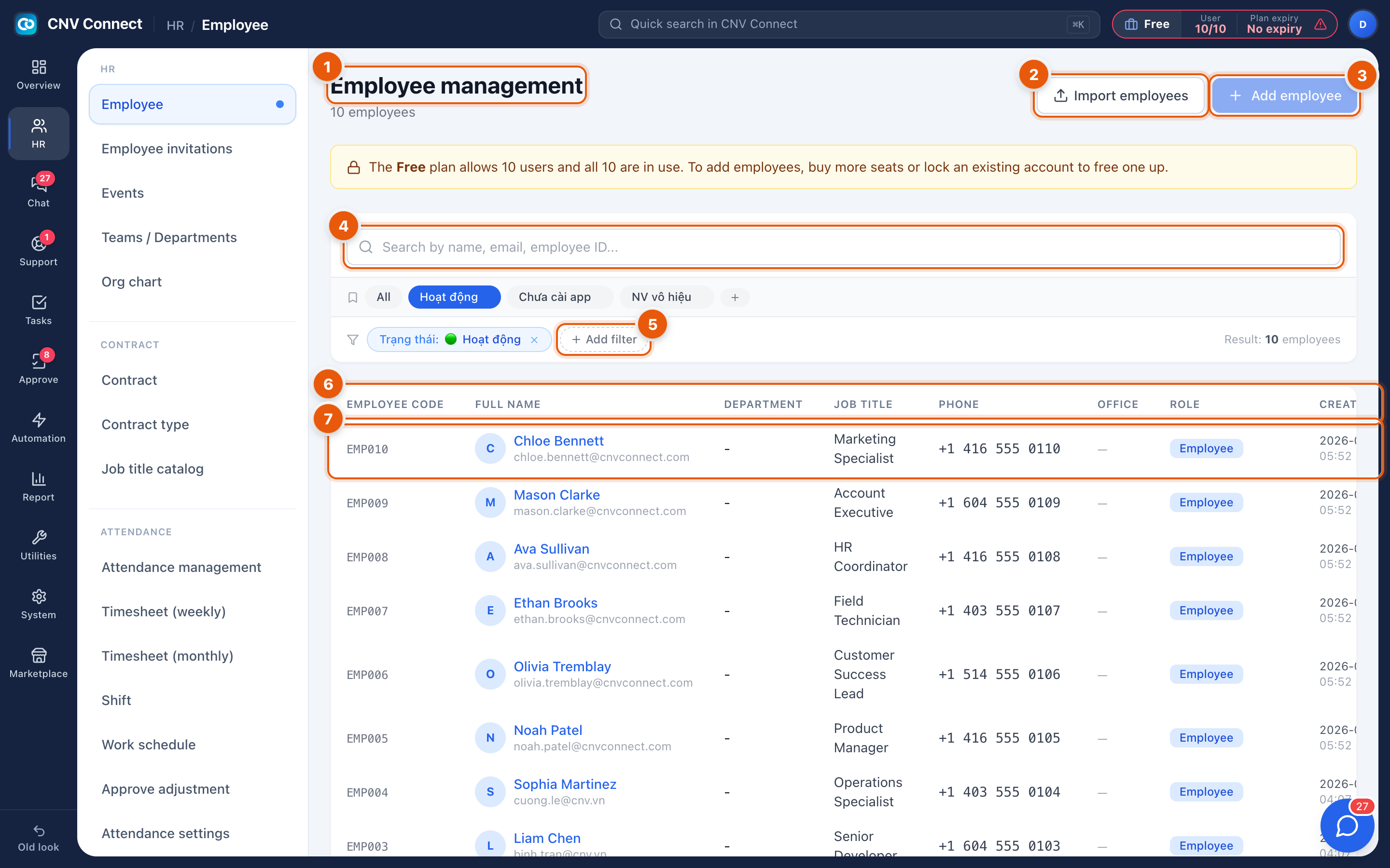 The employee list with title, import and add buttons, search box, filters, table columns and a data row marked
