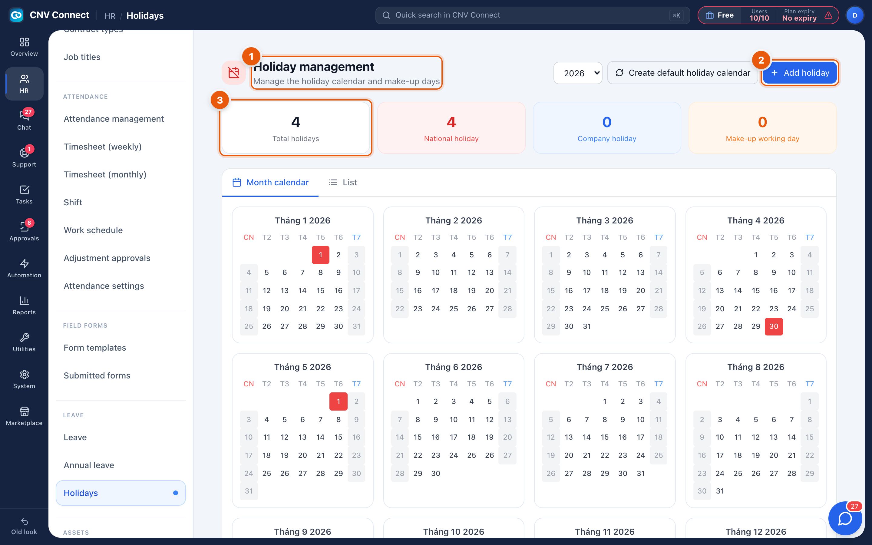 The holiday management page with the year picker, view switch, counters and the twelve-month calendar