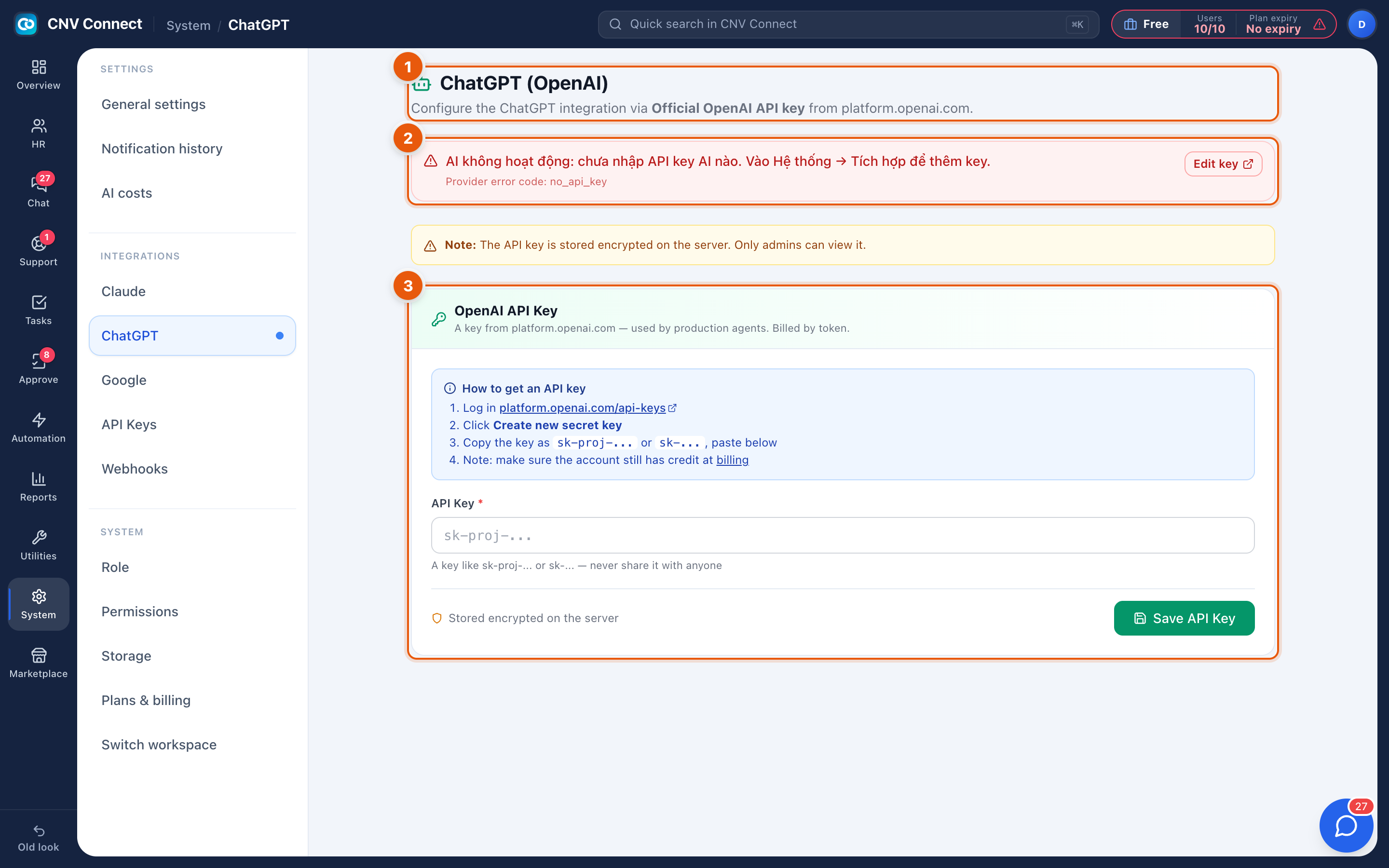 The ChatGPT integration page with the warning banner, key field and instructions