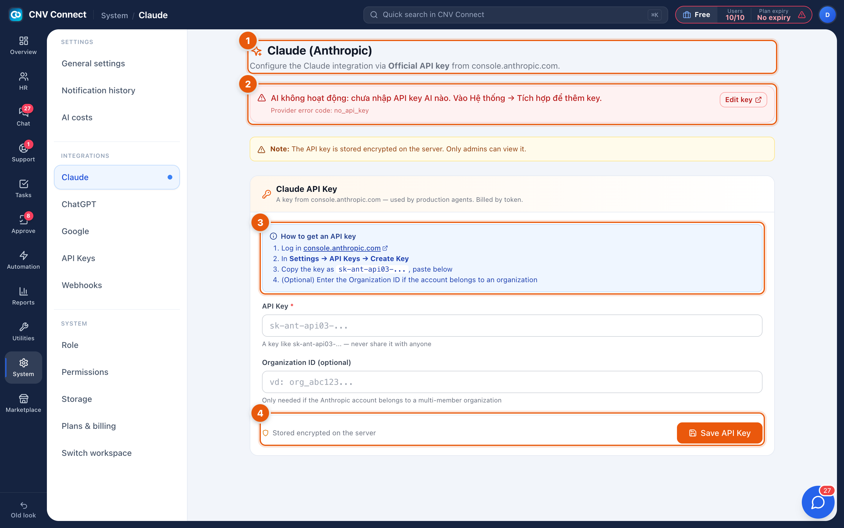 The Claude integration page with the warning banner, key field and the instructions panel