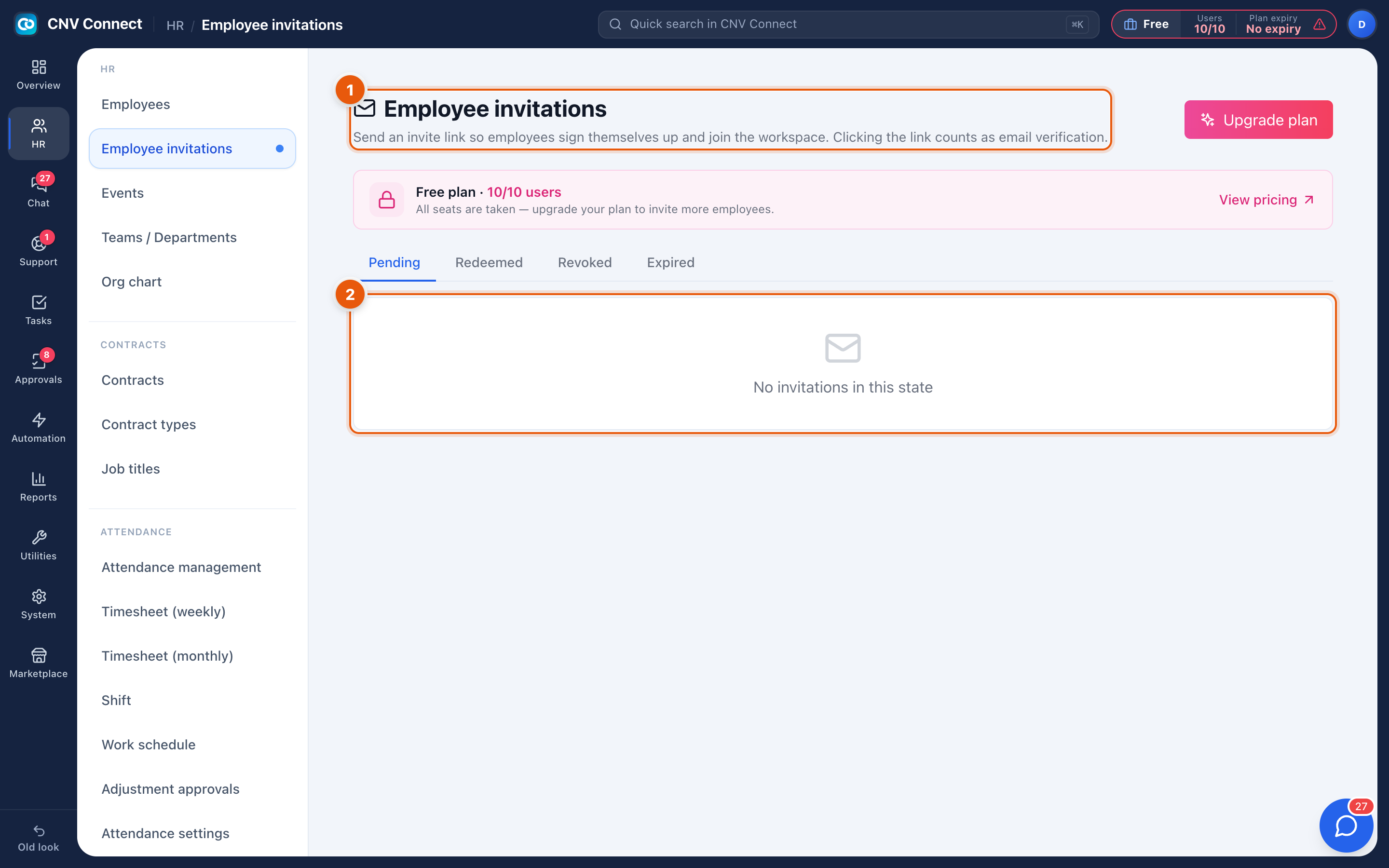 The employee invitations page with its status tabs and empty state