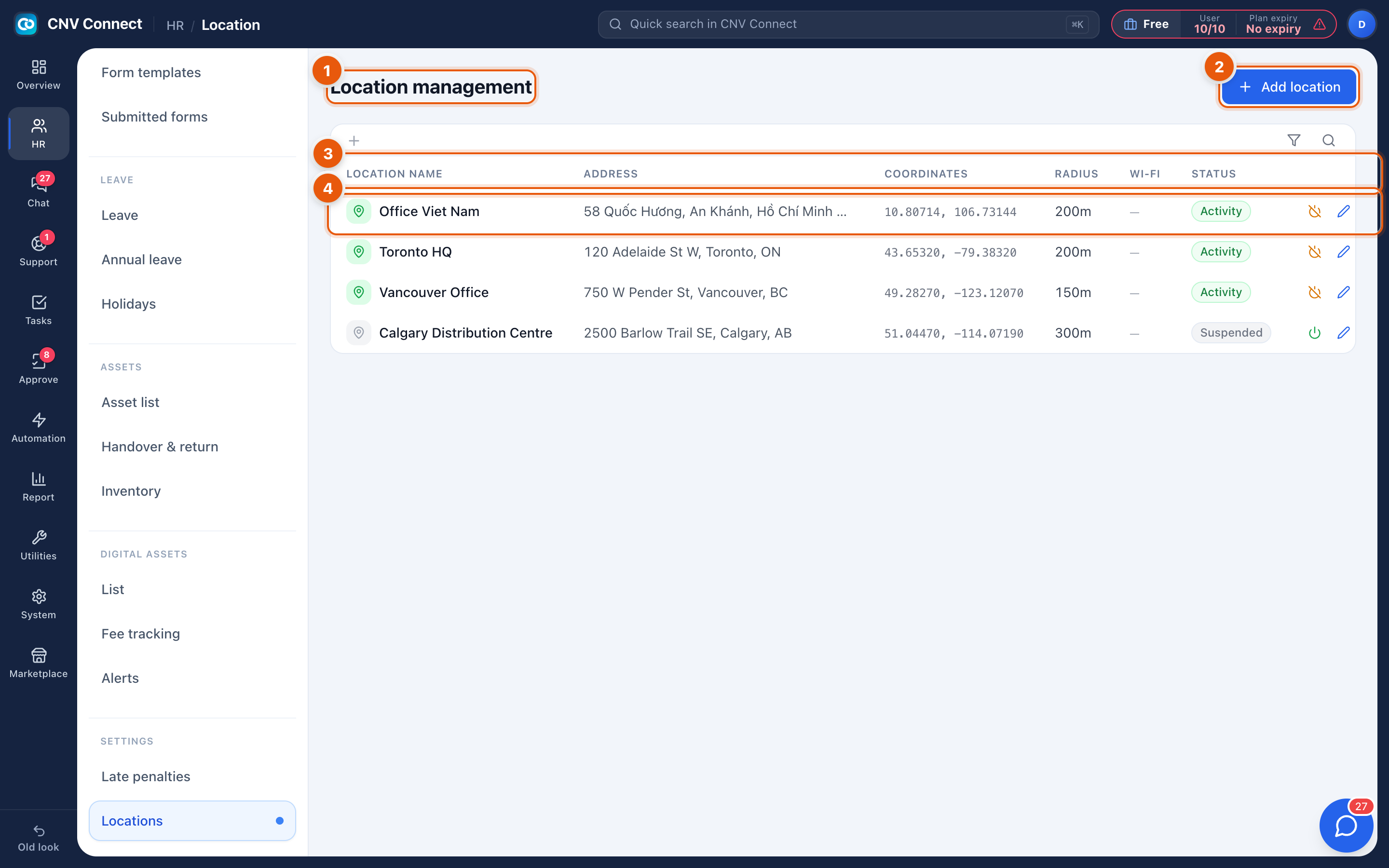 The location management page with the add button, table columns and a location row