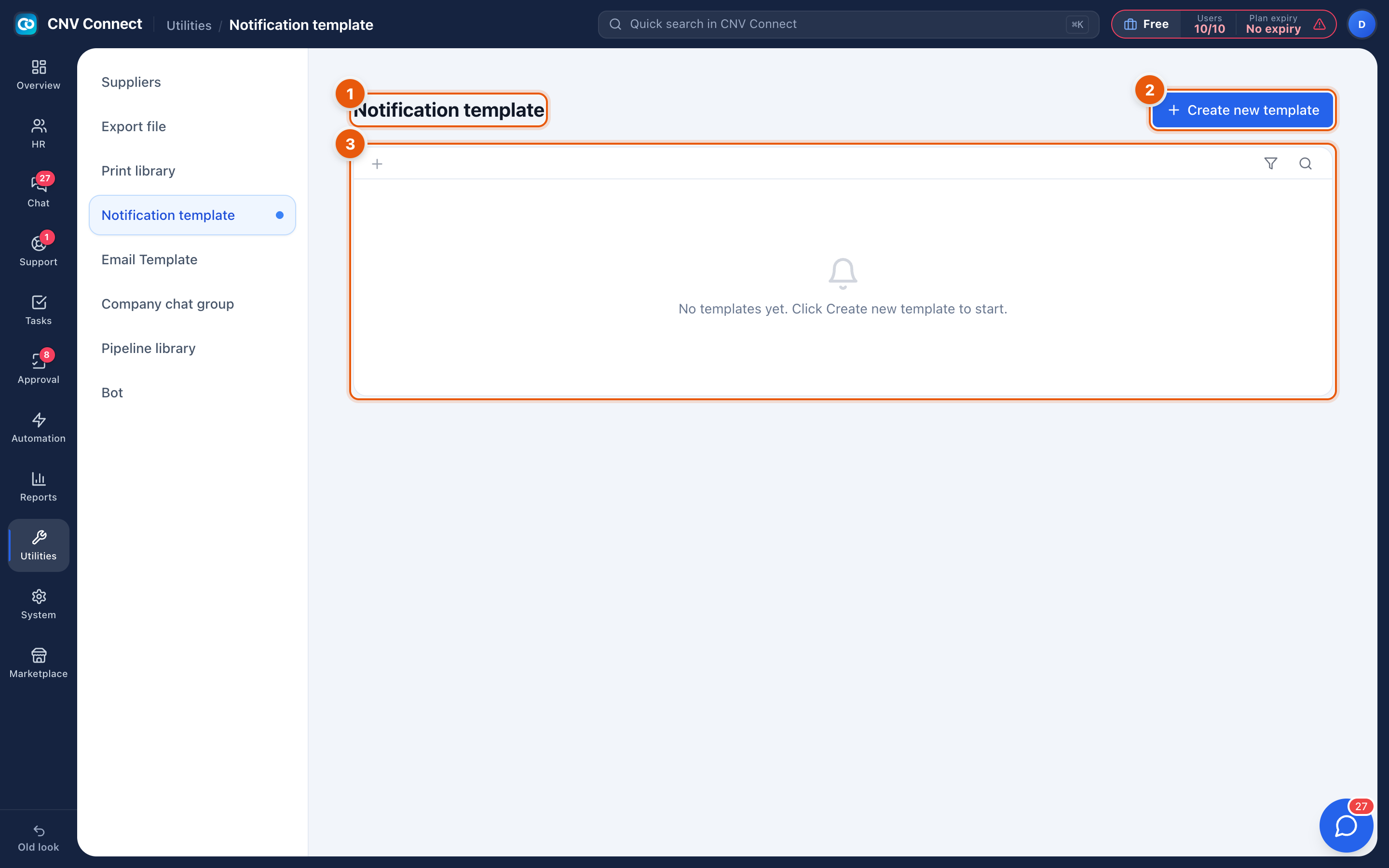 The notification template page with the create button and the empty state