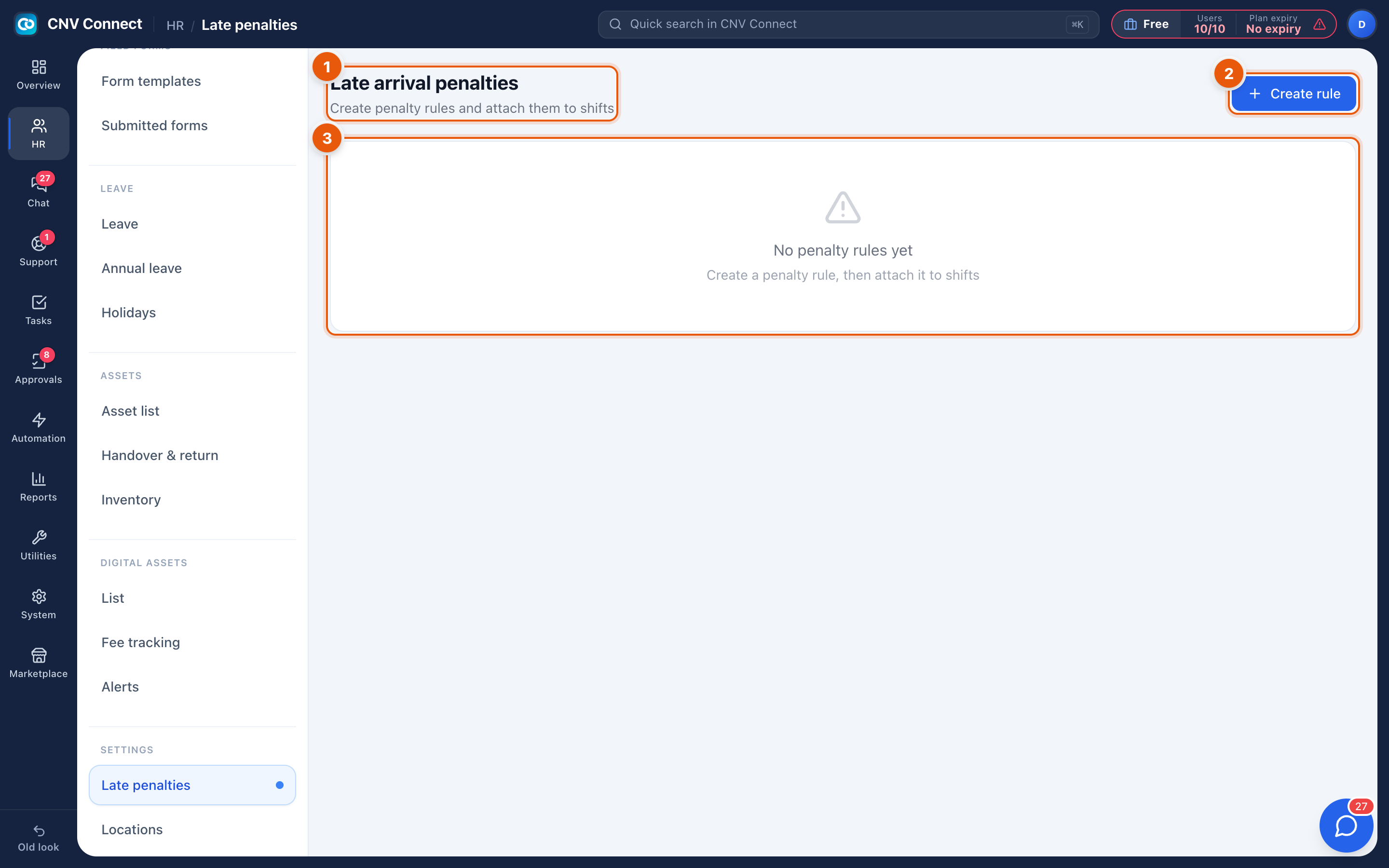 The late arrival penalties page with the create button and the empty state