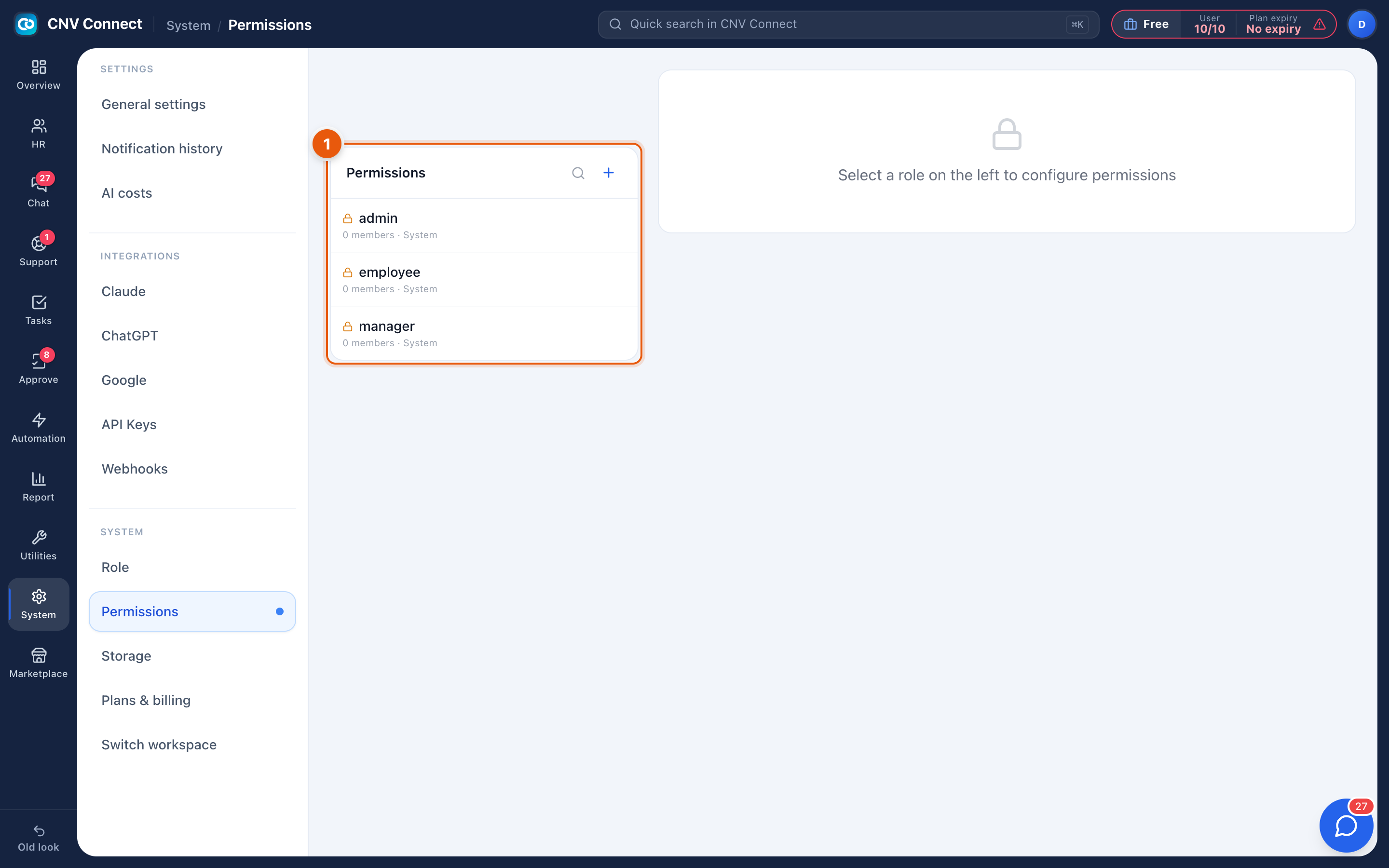 The permissions page with the role list on the left and the configuration panel on the right