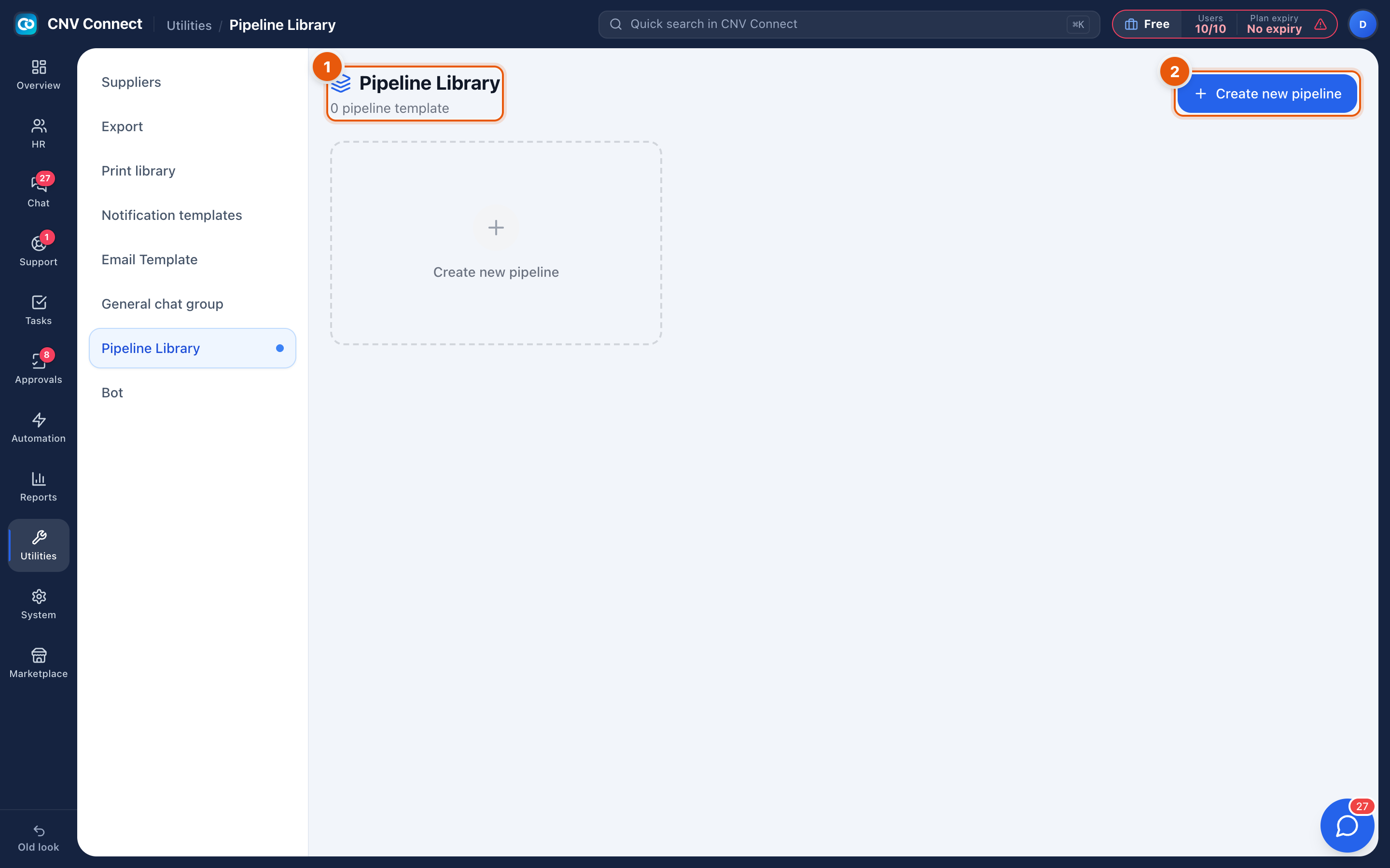 The pipeline library with the create button and the empty state