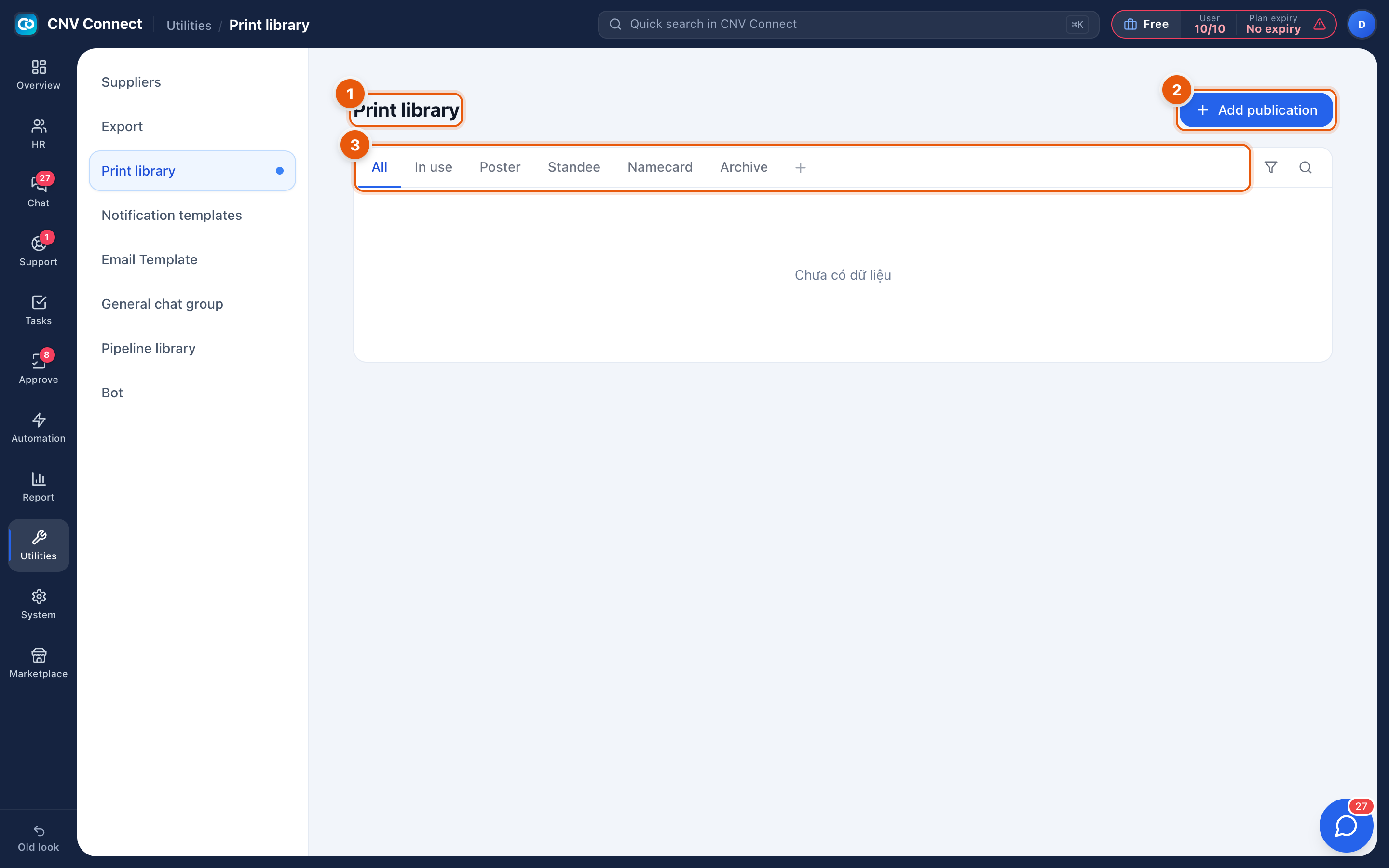 The print library with the add button, type tabs and the empty state