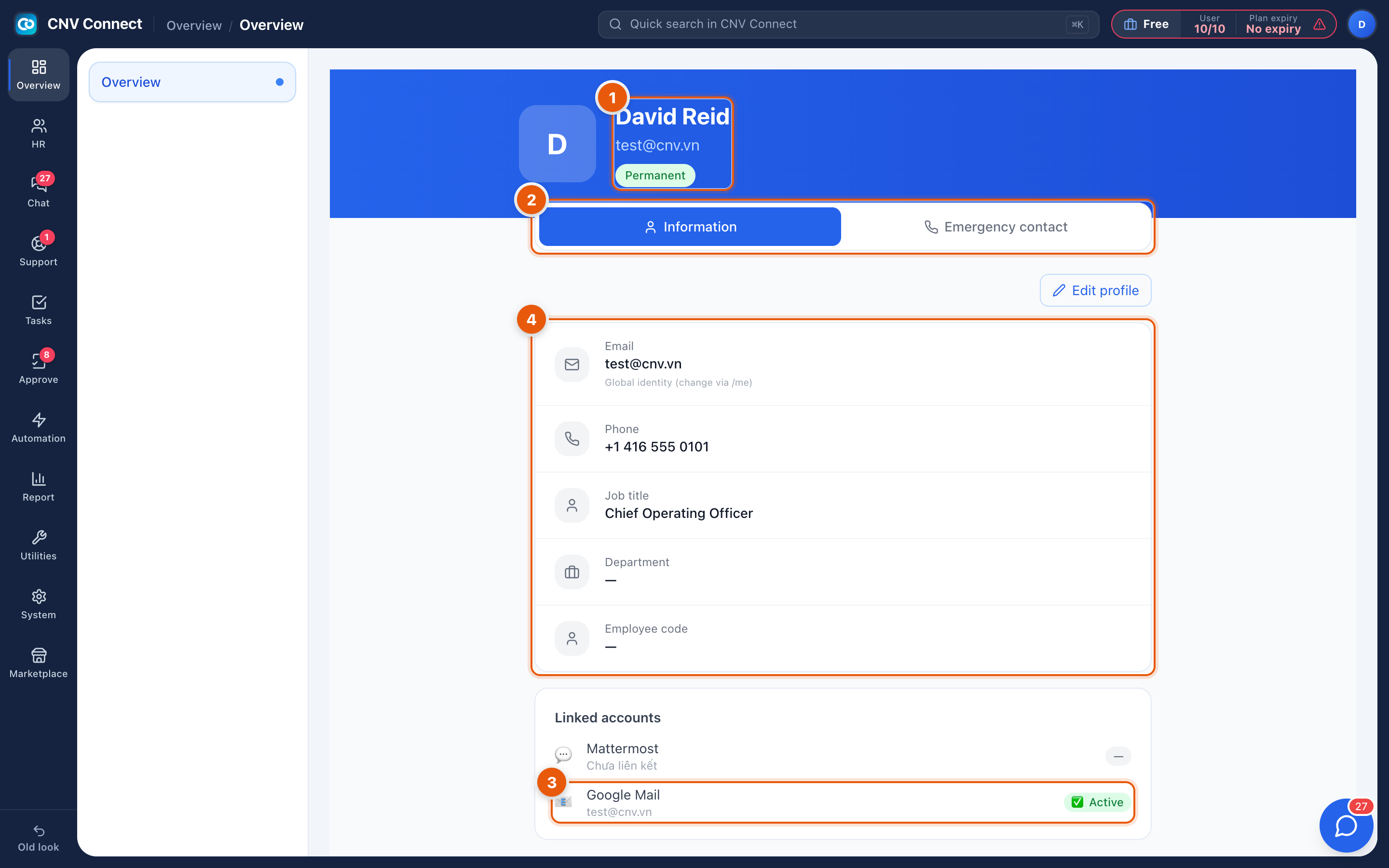 The My profile page showing personal information and linked accounts