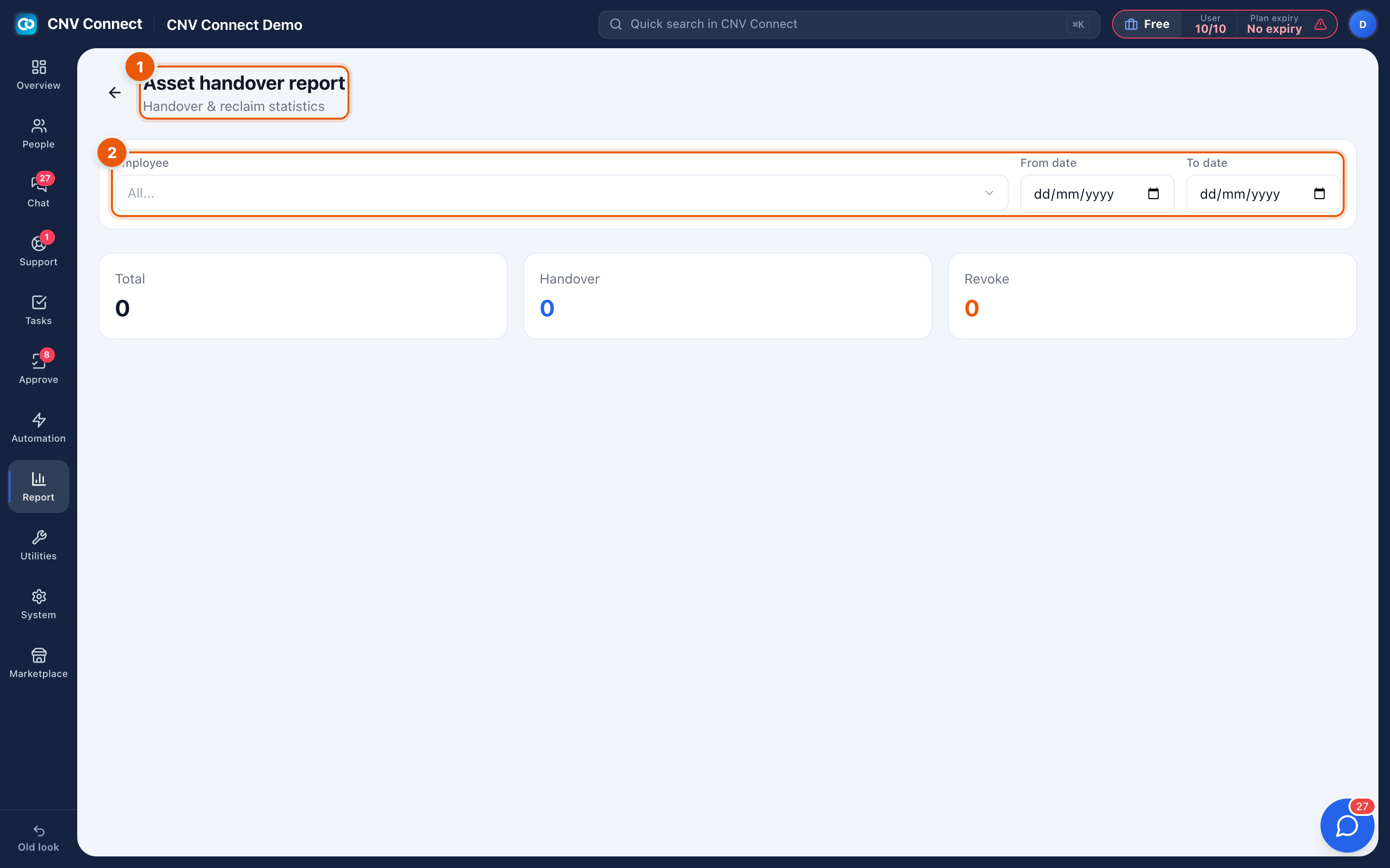 The asset handover report with the employee filter, date range and the movement totals