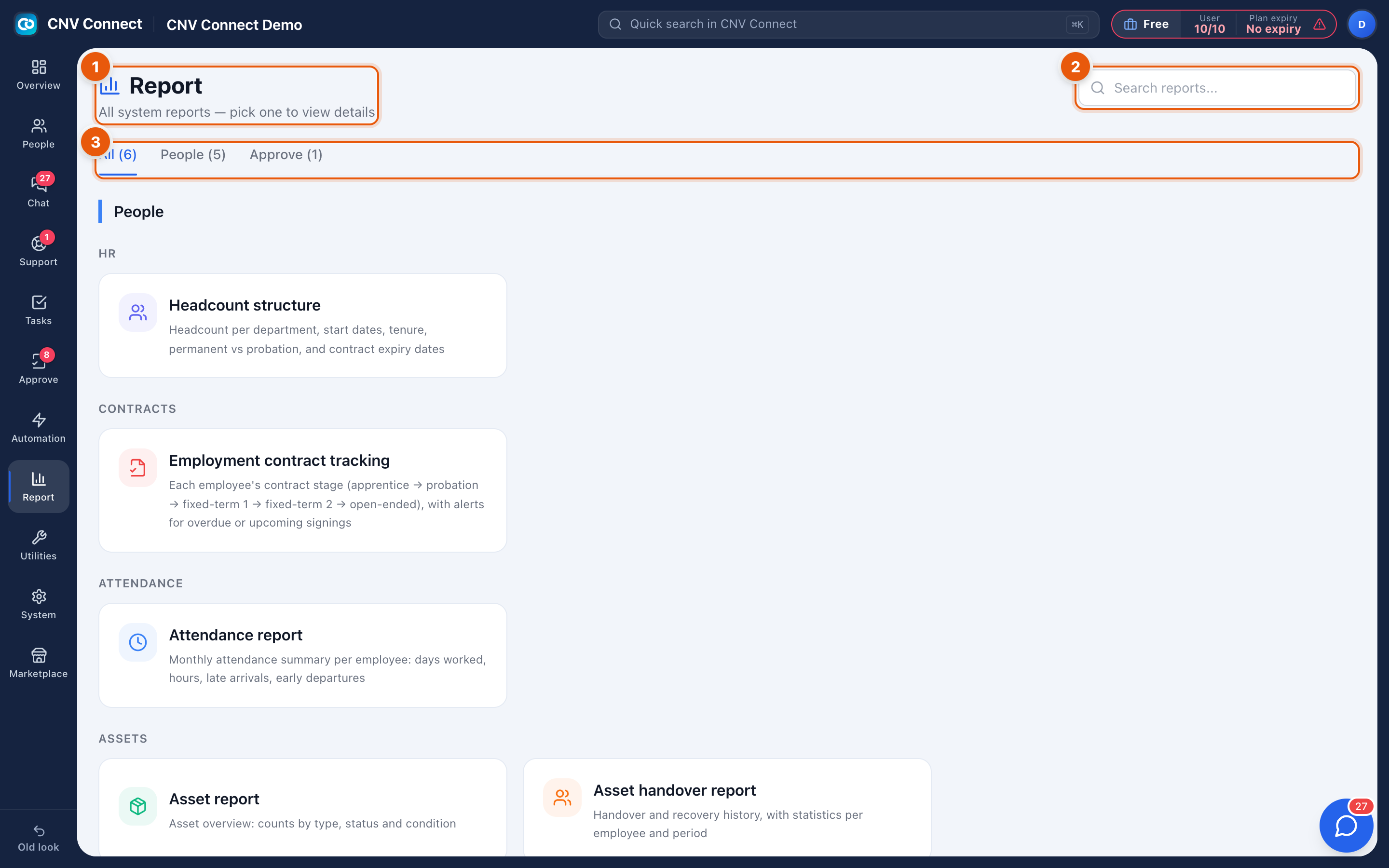 The report hub with module tabs, search and the report cards
