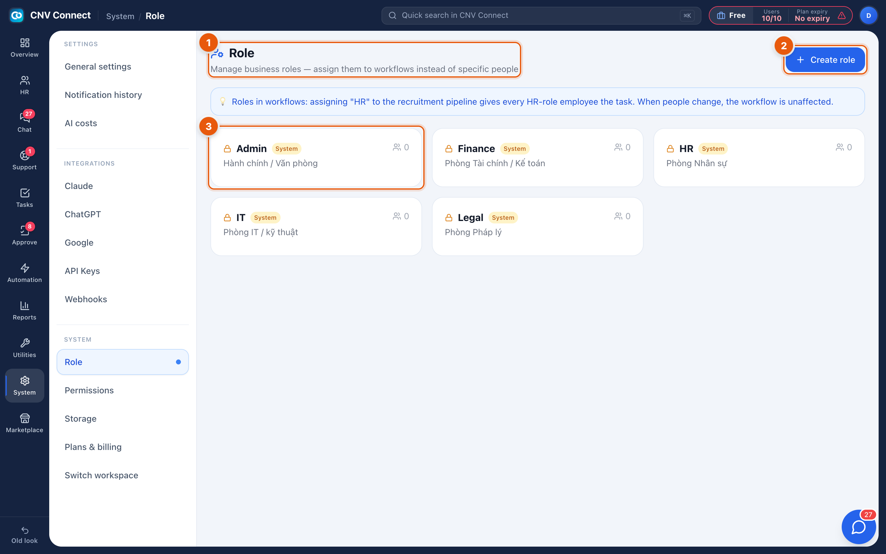 The role page with the create button and the list of roles