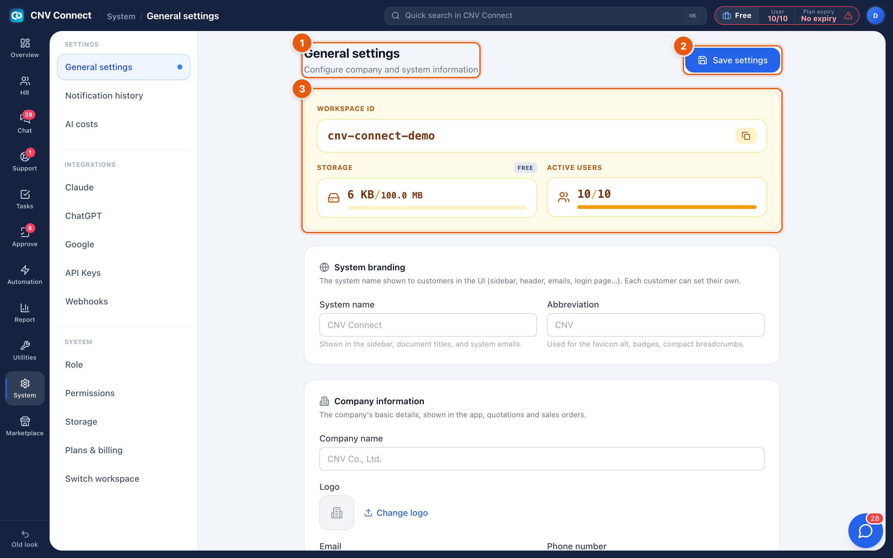 General settings with the title, save button and the workspace identity panel