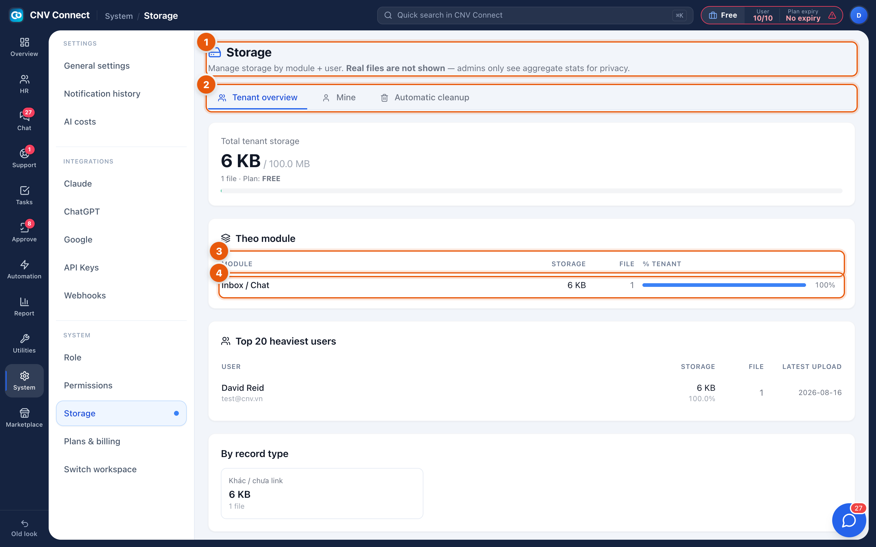 The storage page with the scope tabs, the per-module table and the heaviest-users table