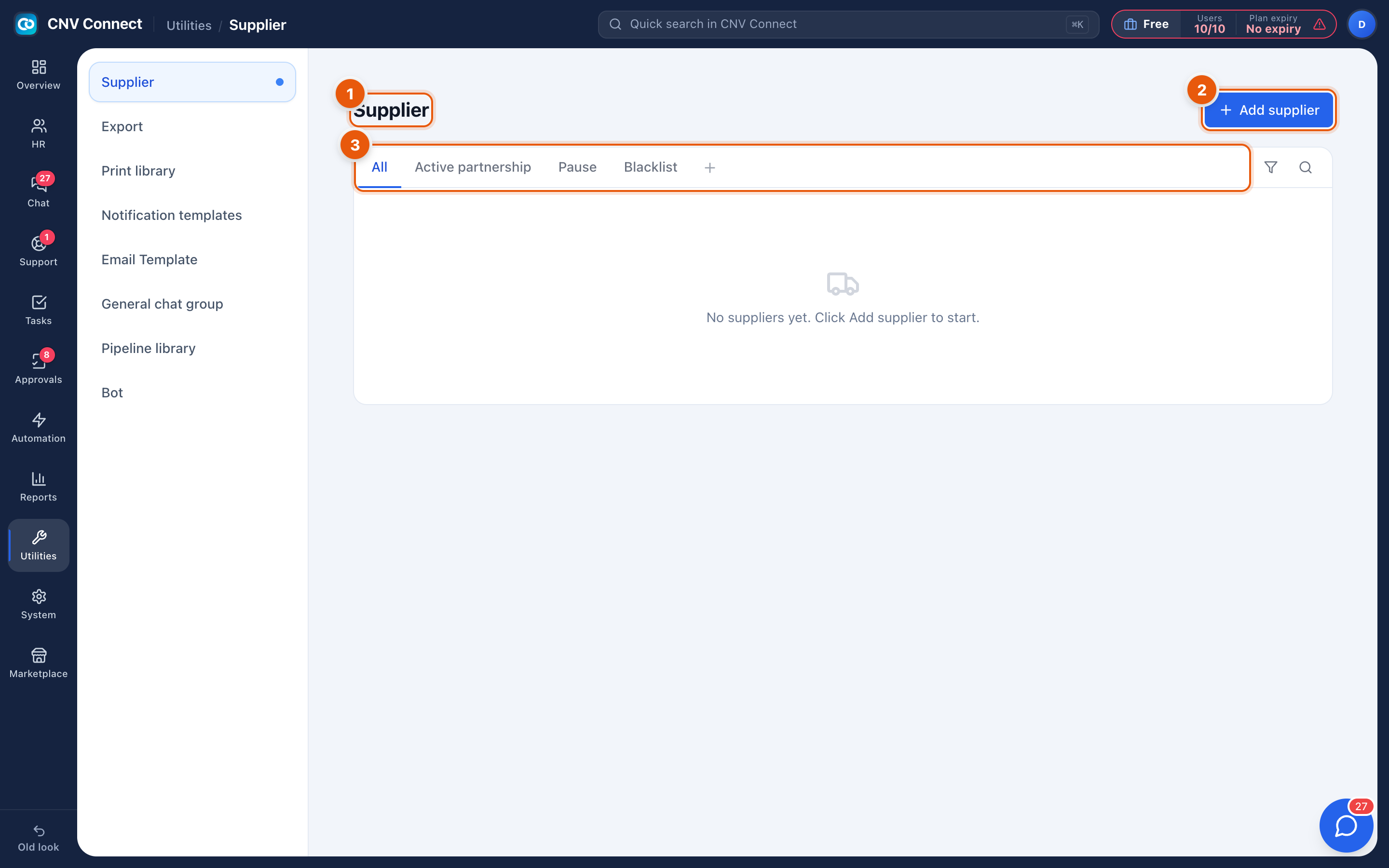 The supplier page with the add button, status tabs and the empty state