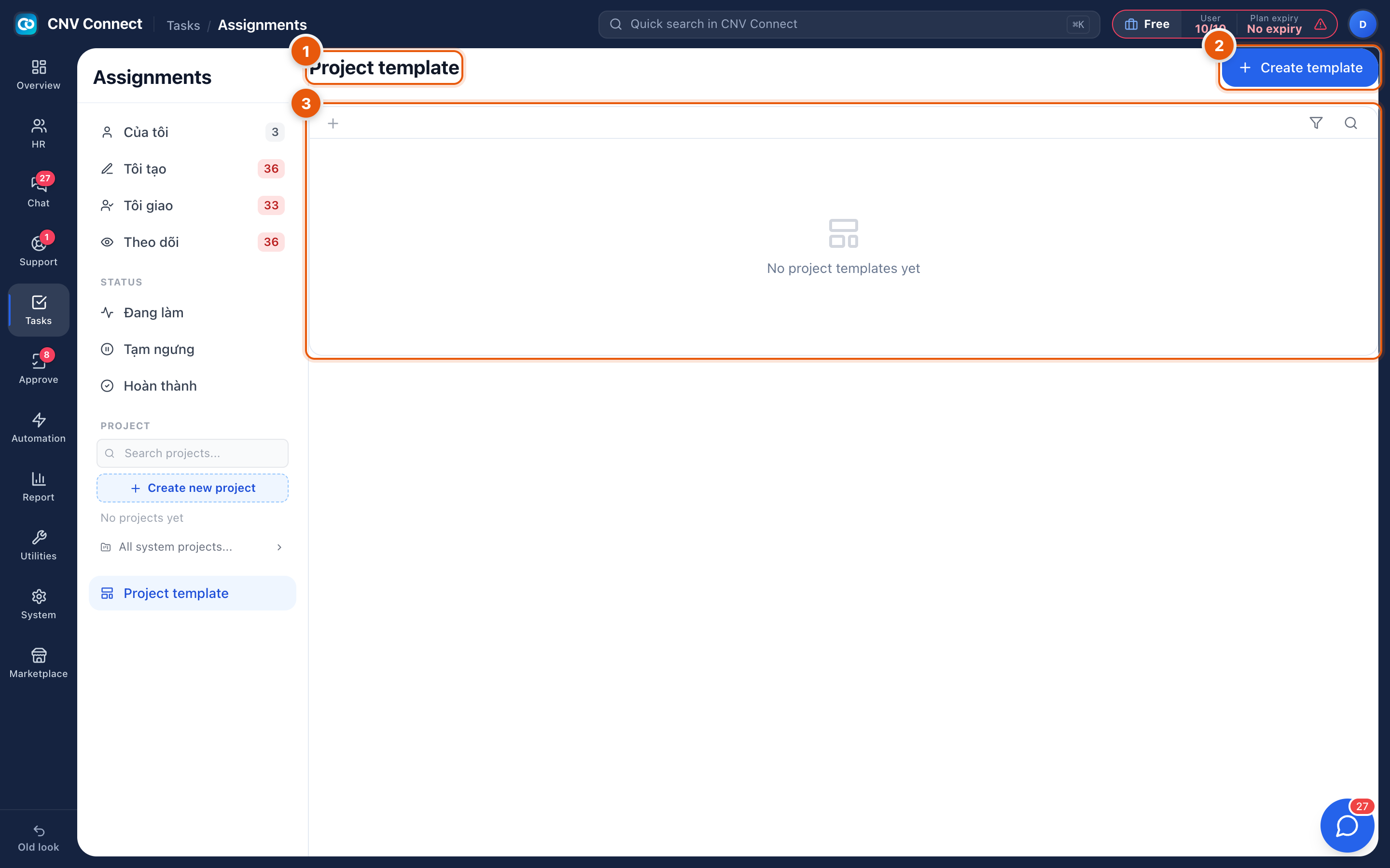 The project template page with the create button and the empty state