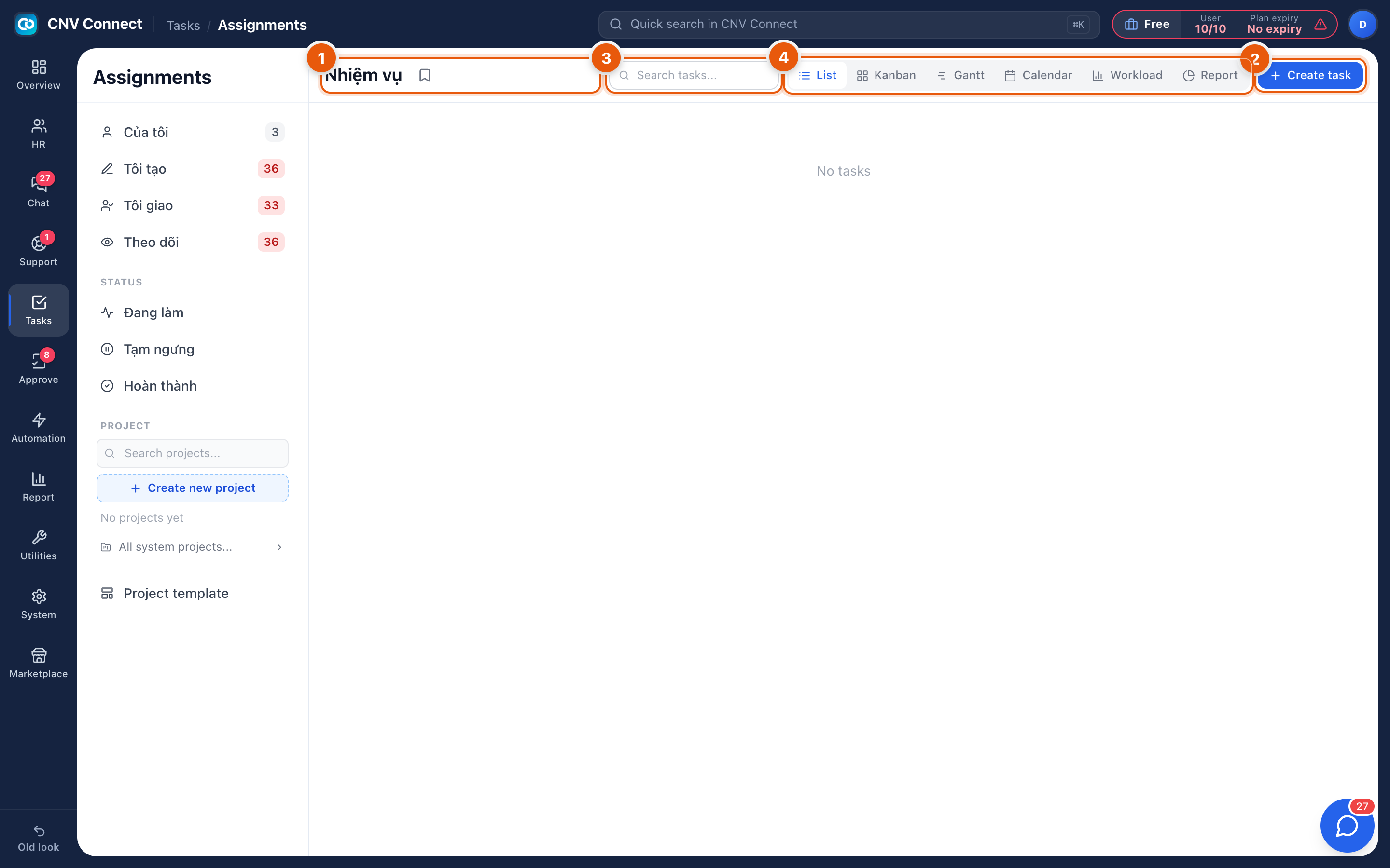 The workload view with the view switcher, search and the per-person distribution