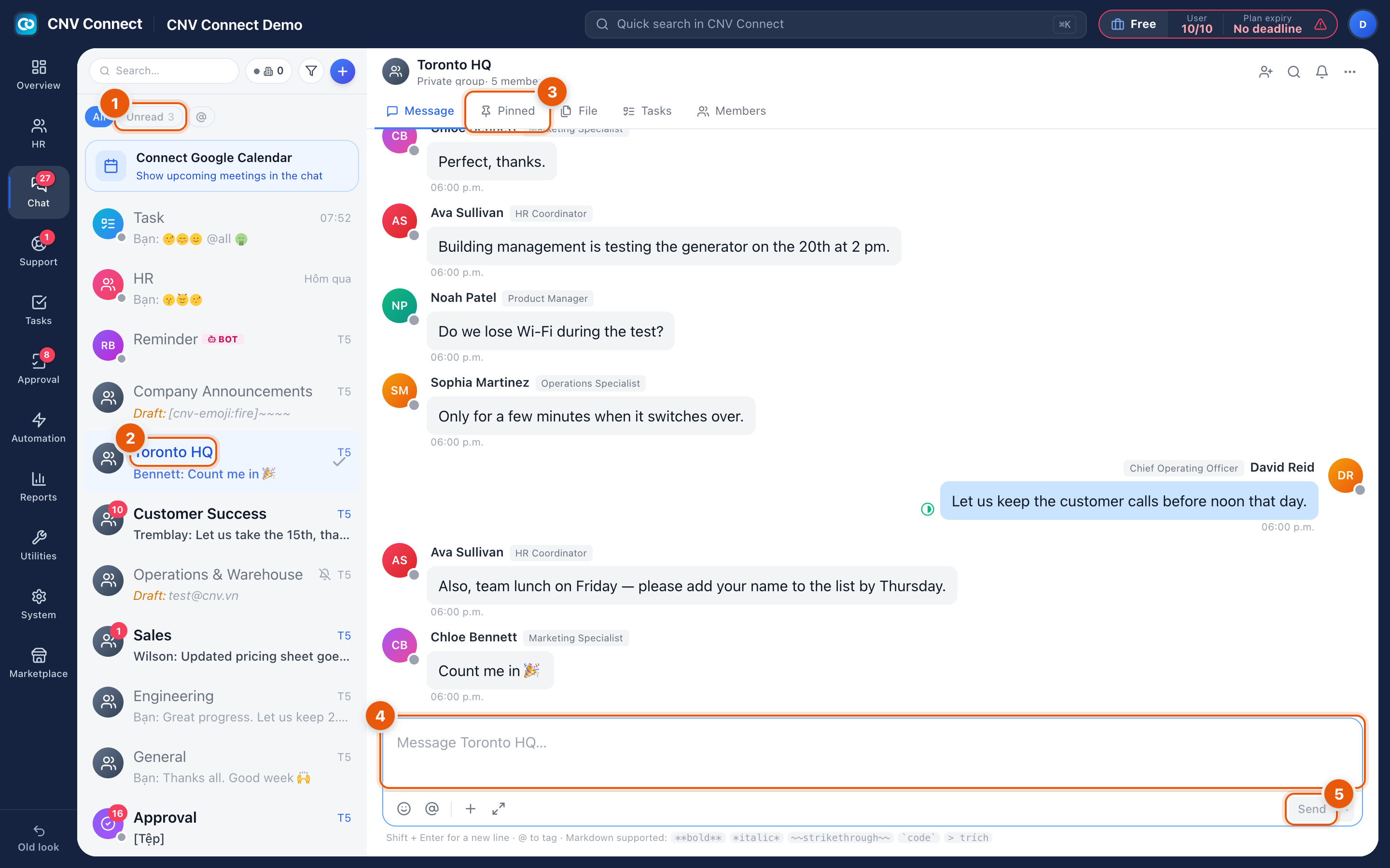 Team chat with a channel open, showing the filters, conversation list, room tabs, message box and send button