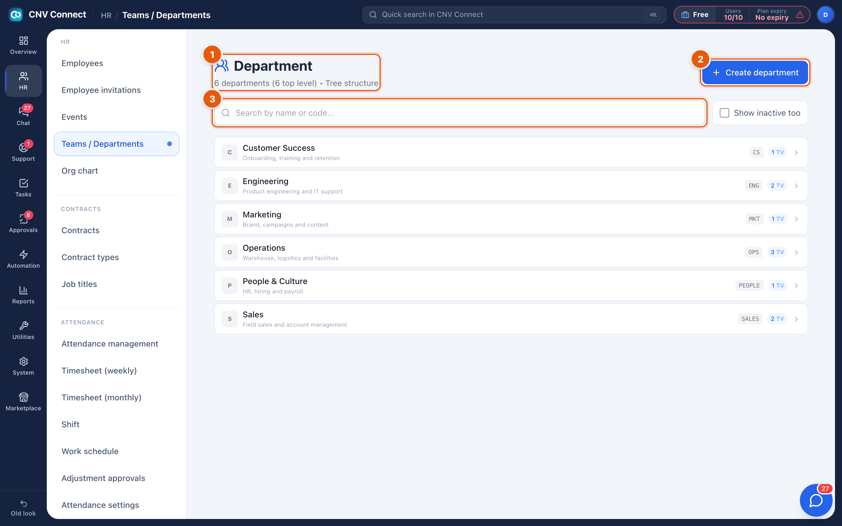 The Teams / Departments page showing department cards with codes and member counts