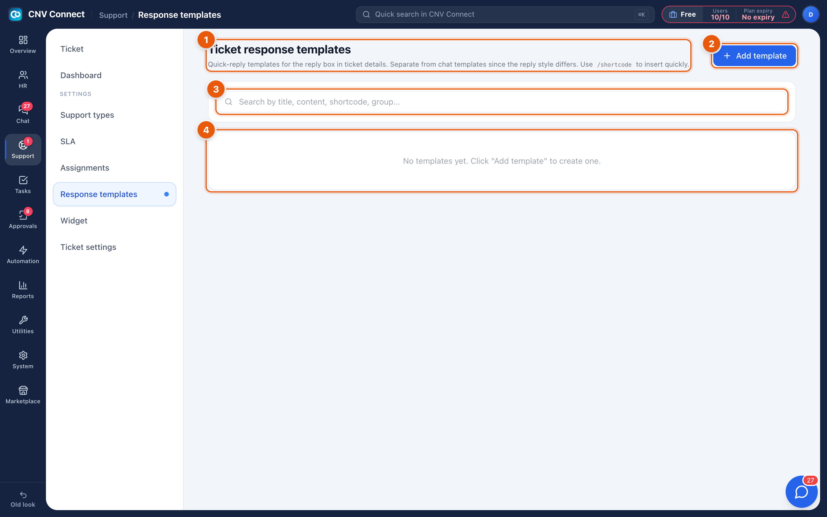 The ticket response templates page with search, add button and the empty state