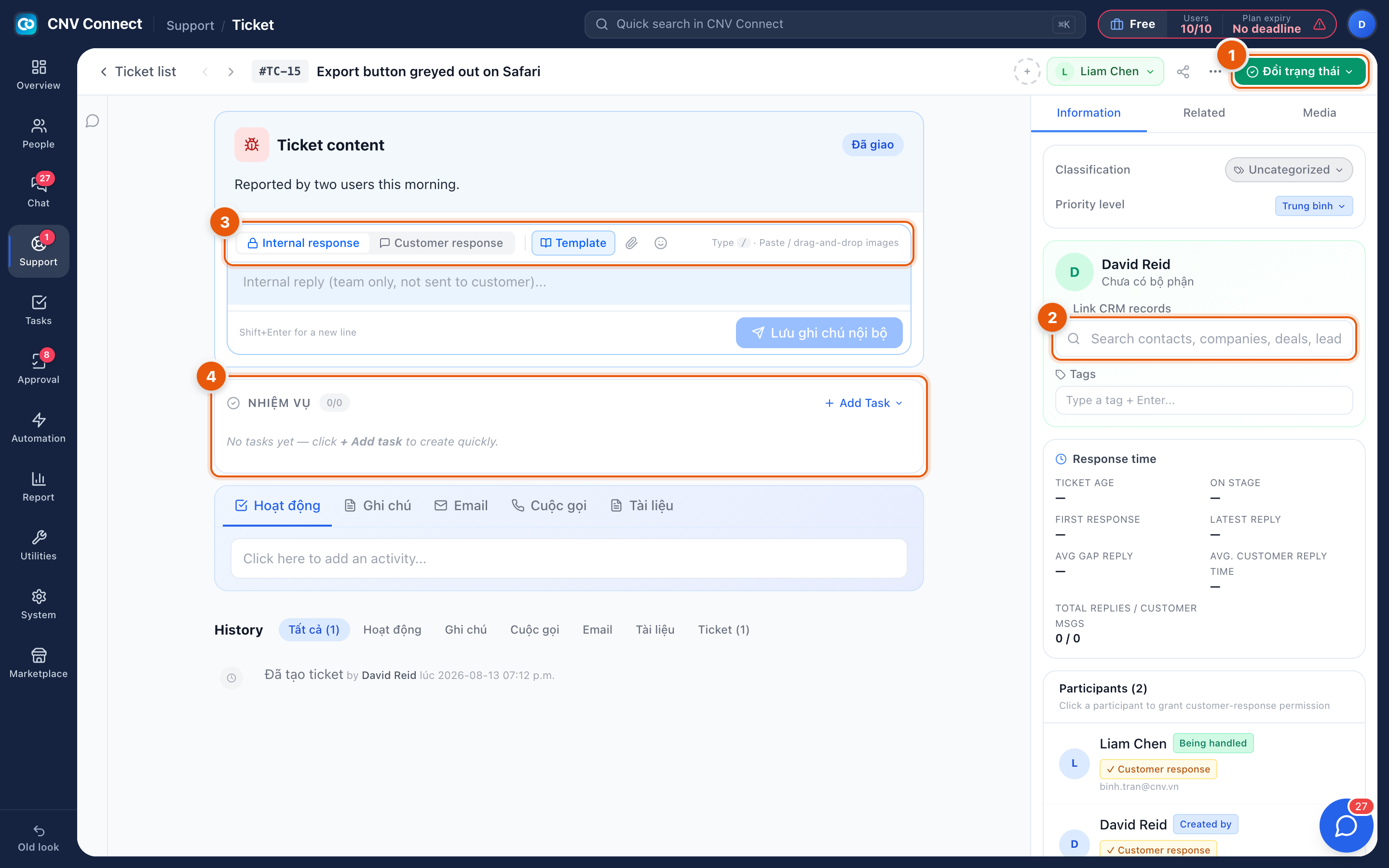 A ticket open, with the status control, CRM link box, reply toolbar, header bar, ticket content and task block marked
