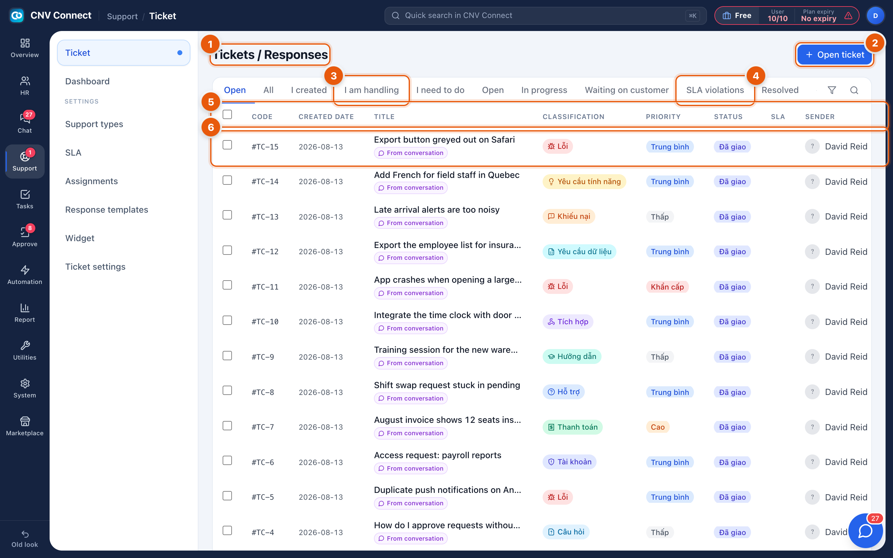 The ticket queue with the open-ticket button, scope tabs, status filters, columns and a ticket row