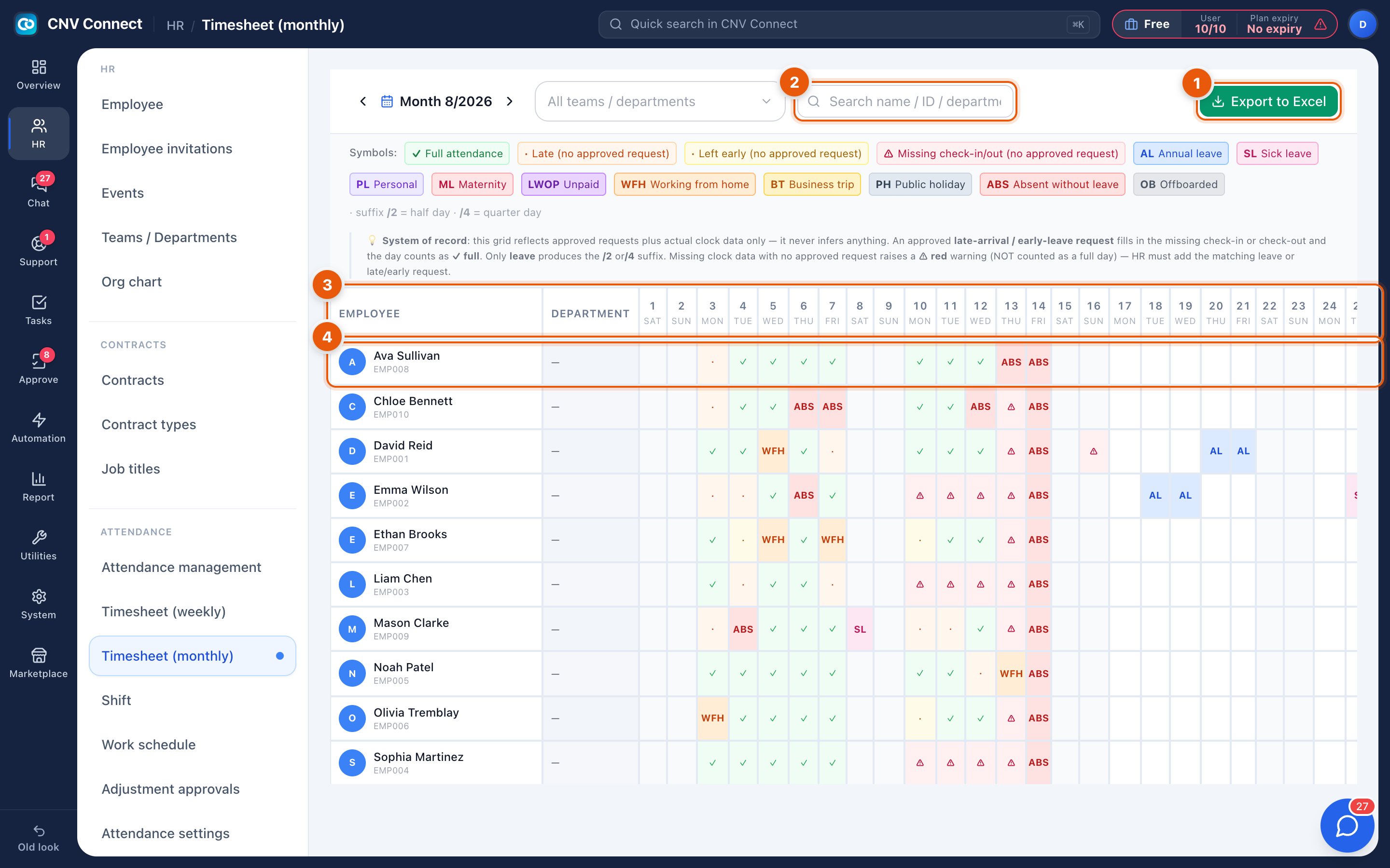 The monthly timesheet with search, export button, day columns and leave code totals