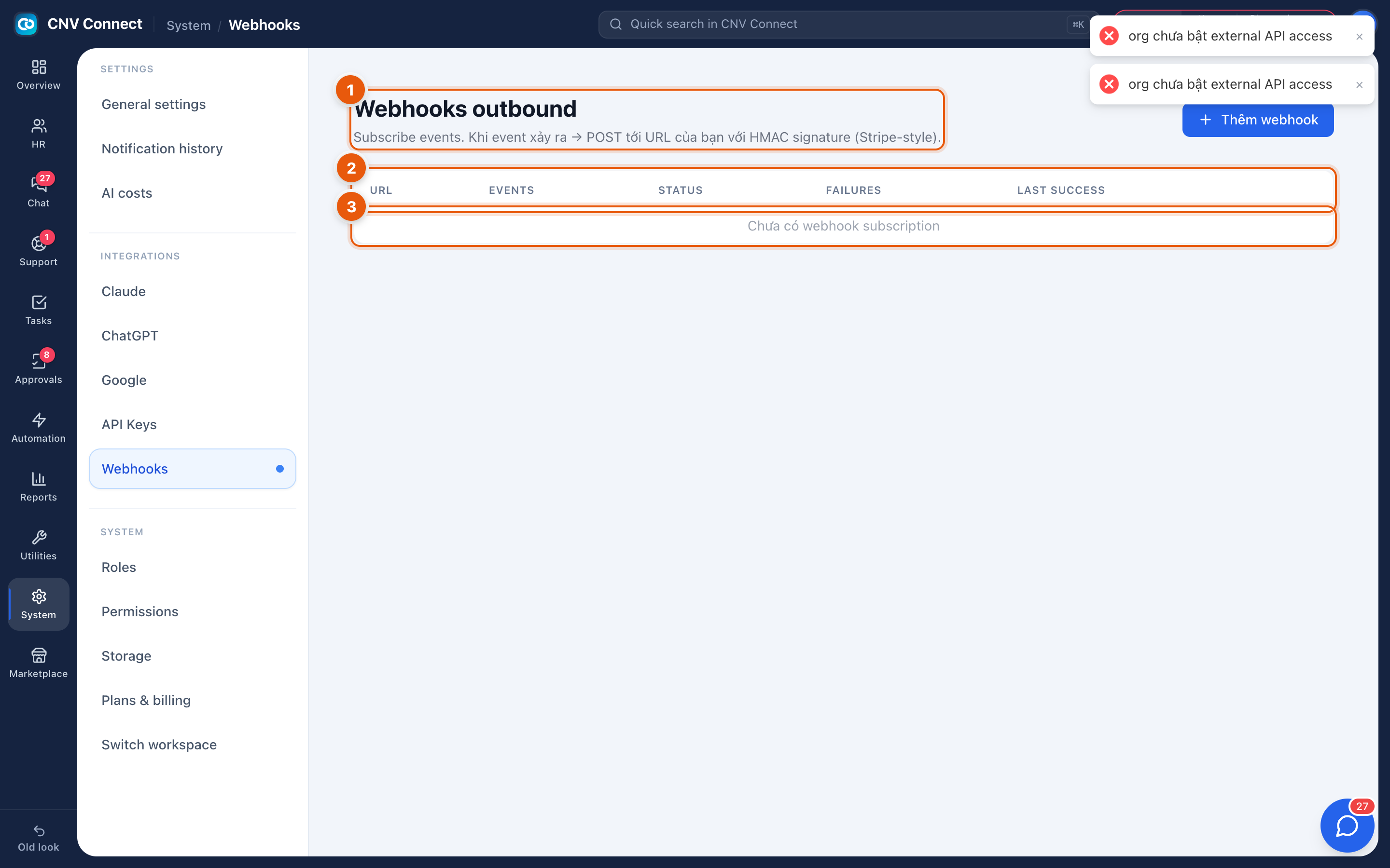 The outbound webhooks page with the add button and the empty table